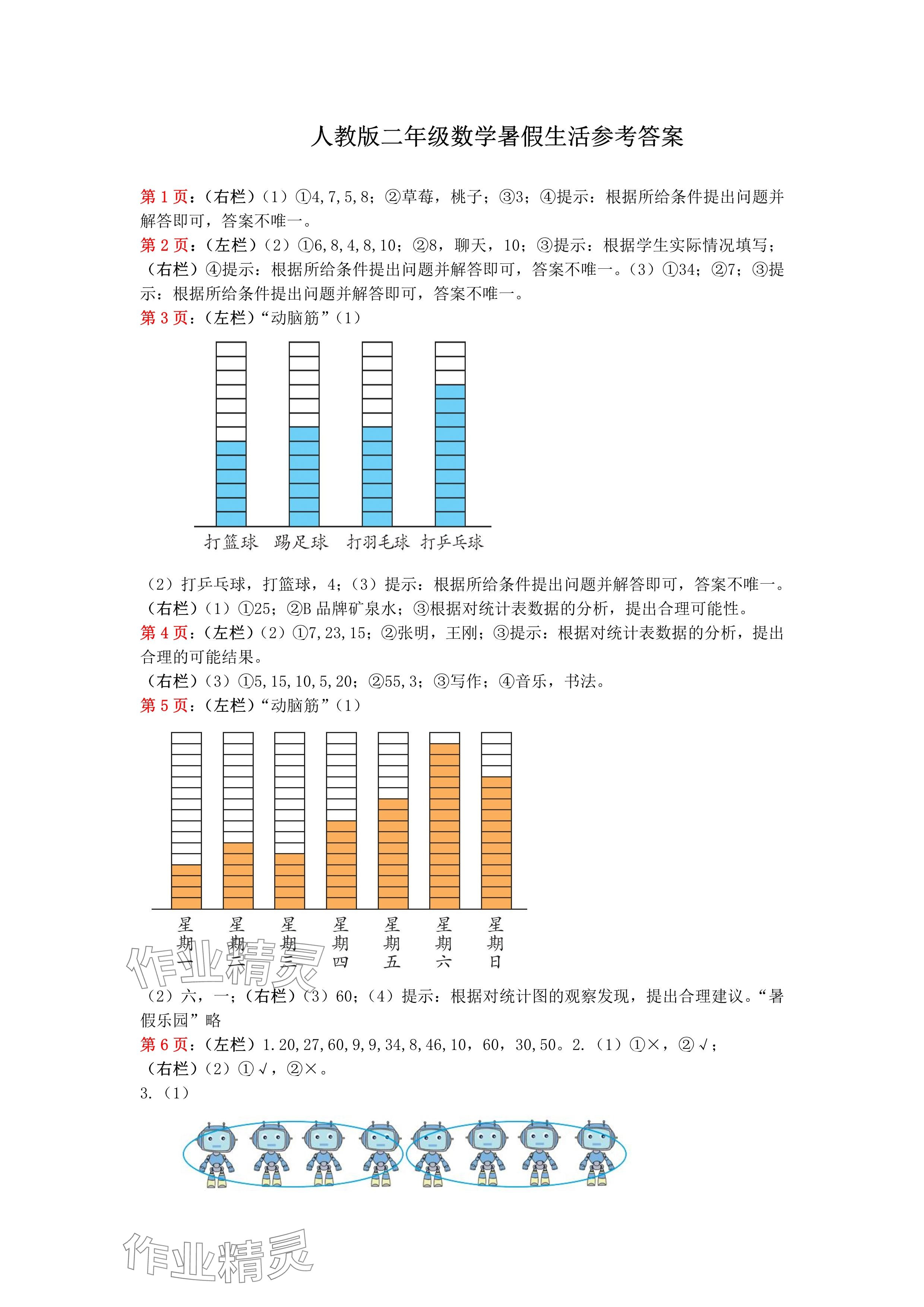 2024年暑假作业安徽少年儿童出版社二年级数学人教版 参考答案第1页