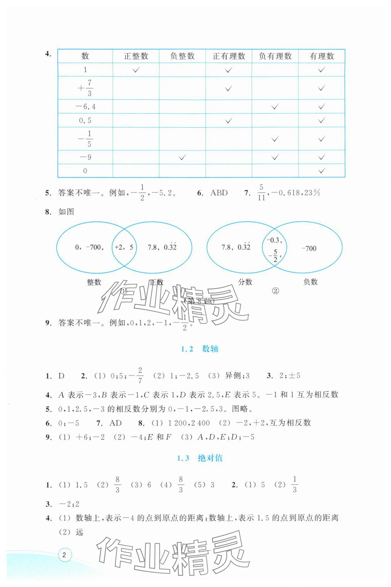 2025年作业本浙江教育出版社七年级数学上册浙教版 参考答案第2页
