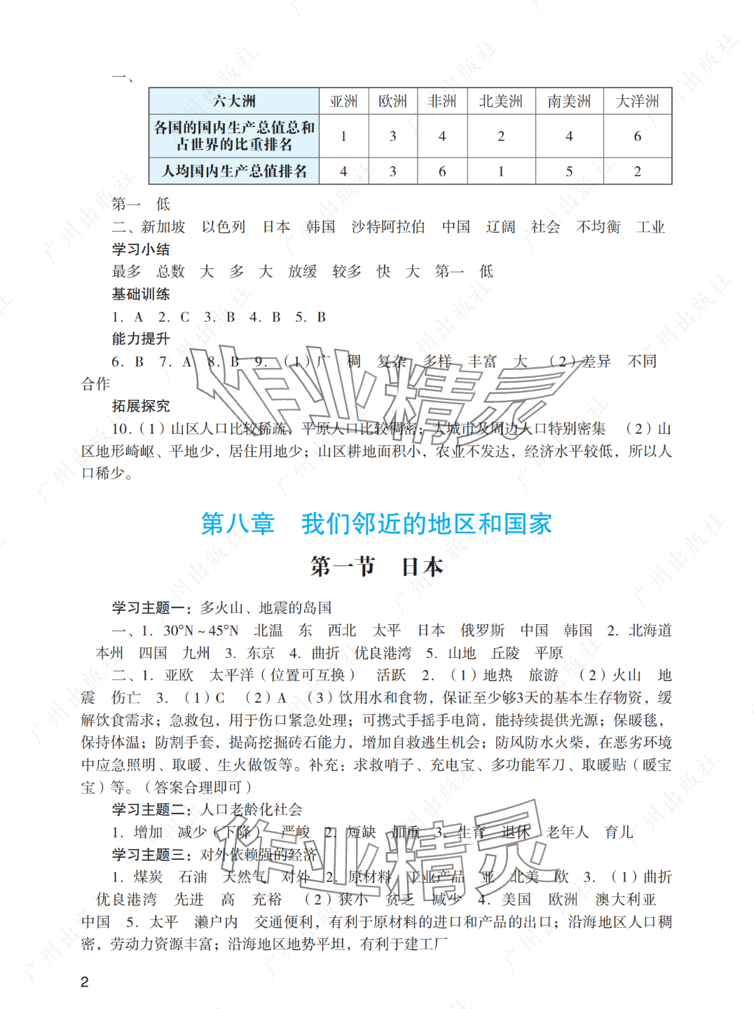 2025年阳光学业评价七年级地理下册人教版 参考答案第2页