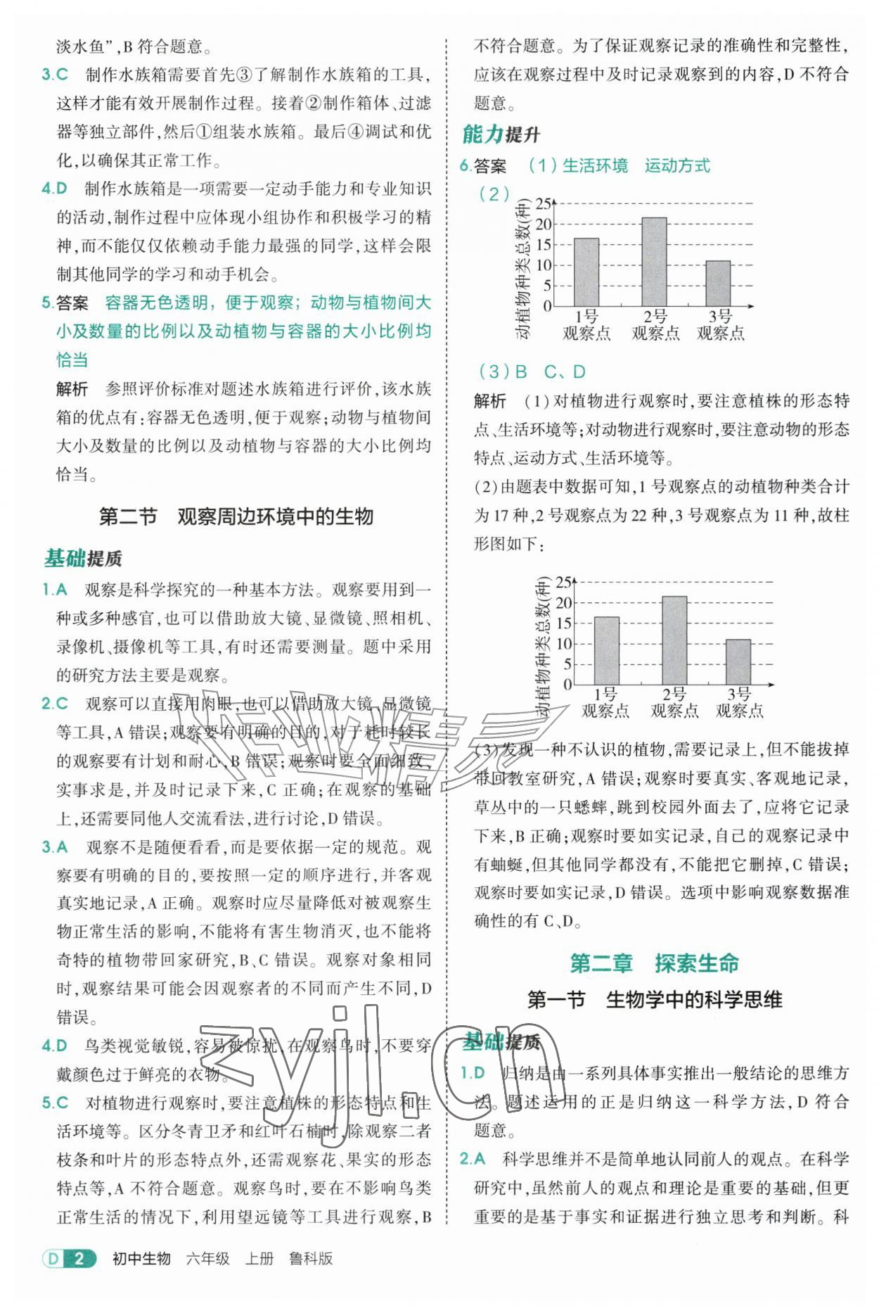 2026年5年中考3年模拟六年级生物上册鲁科版山东专版54制&nbsp;参考答案第2页