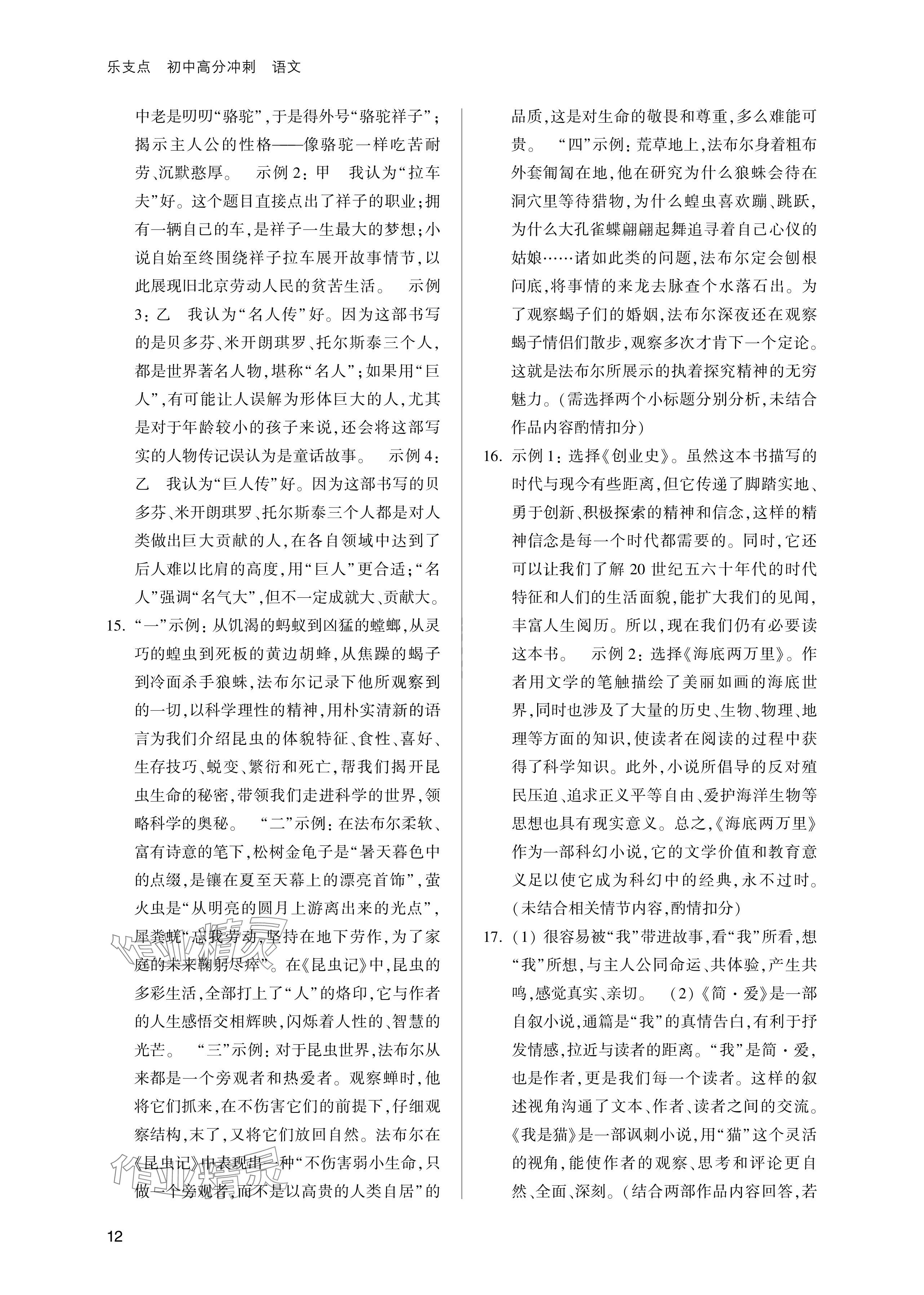 2024年樂支點(diǎn)中考高分沖刺語文&nbsp;參考答案第12頁