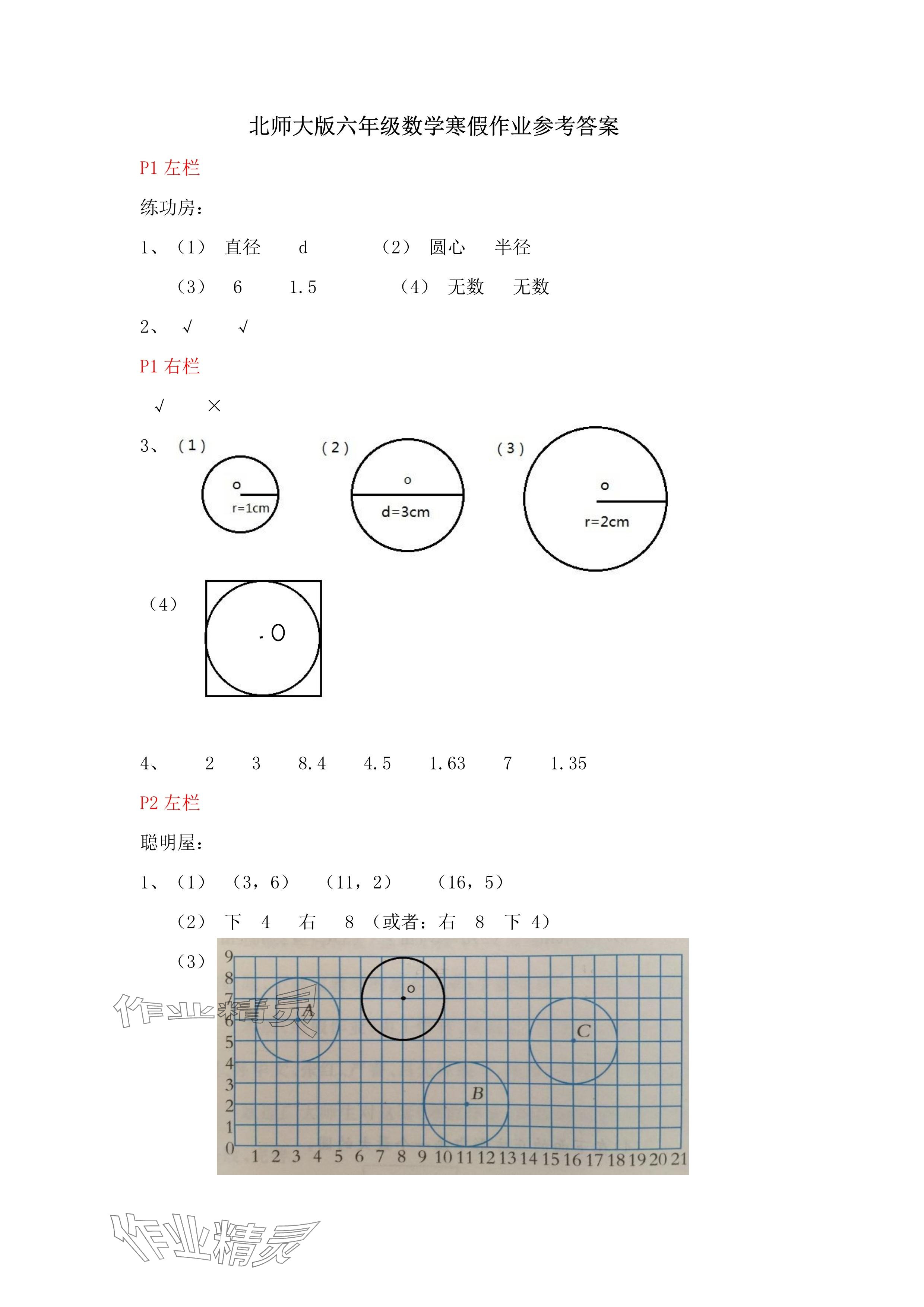 2025年寒假作业六年级数学北师大版安徽少年儿童出版社 参考答案第1页