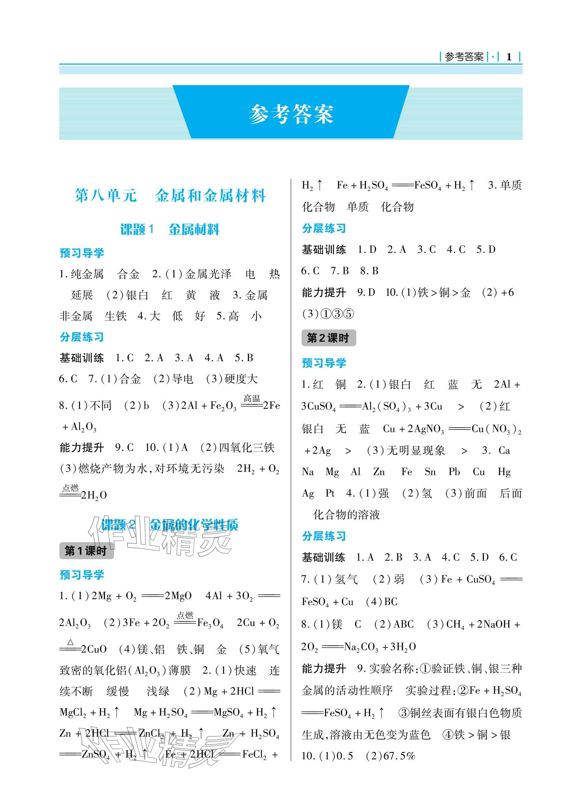 2026年学习指要九年级化学下册人教版&nbsp;参考答案第1页