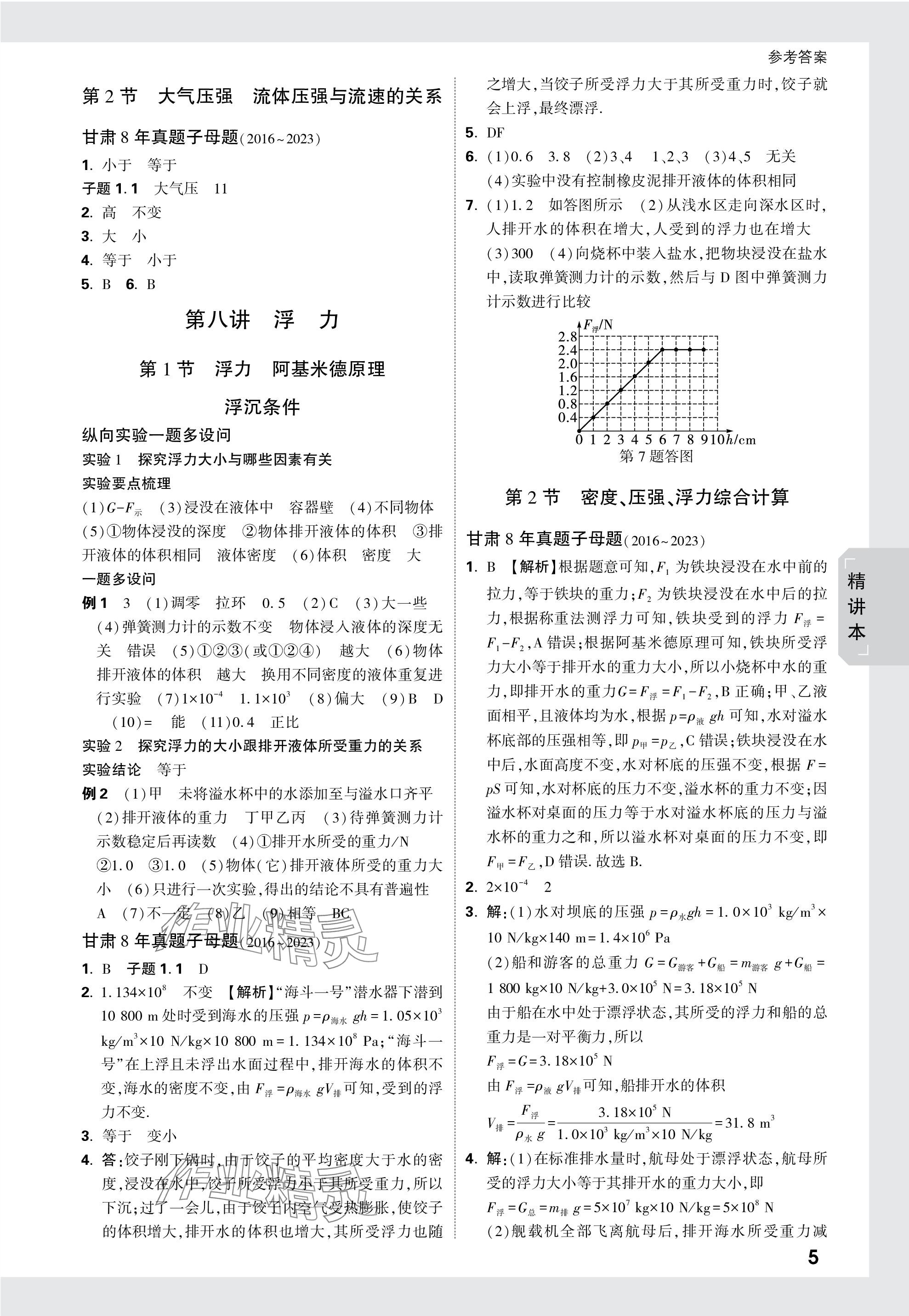 2024年万唯中考试题研究物理甘肃专版 参考答案第5页