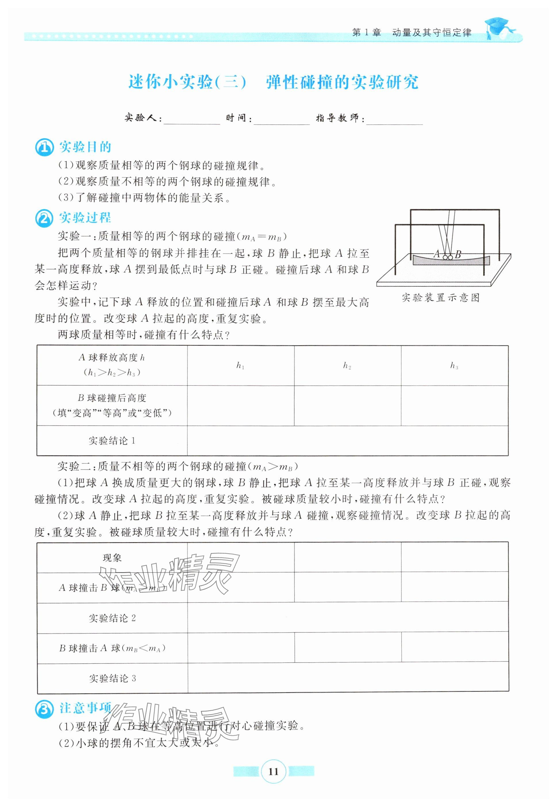 2024年新导学实验报告册物理选择性必修第一册鲁科版&nbsp;参考答案第11页