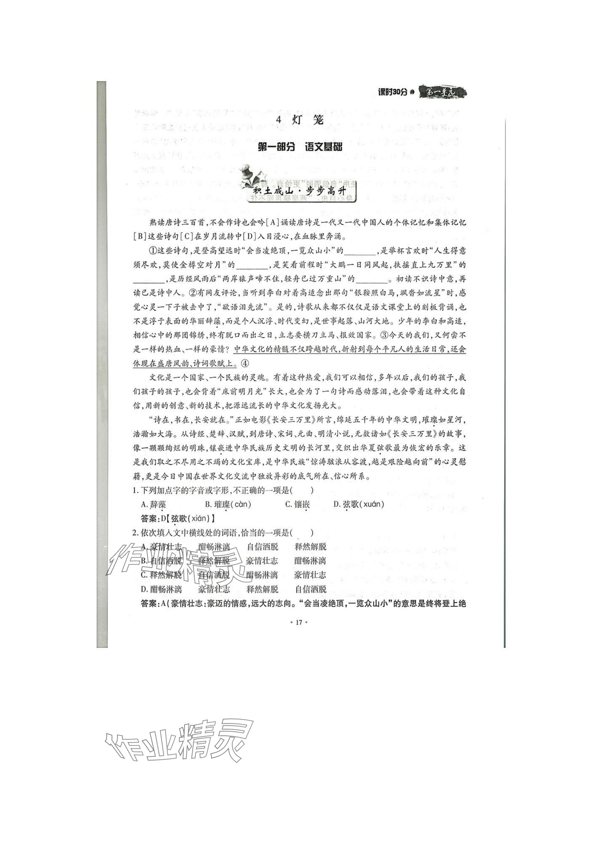 2025年名校導(dǎo)練八年級(jí)語(yǔ)文下冊(cè)人教版 參考答案第17頁(yè)