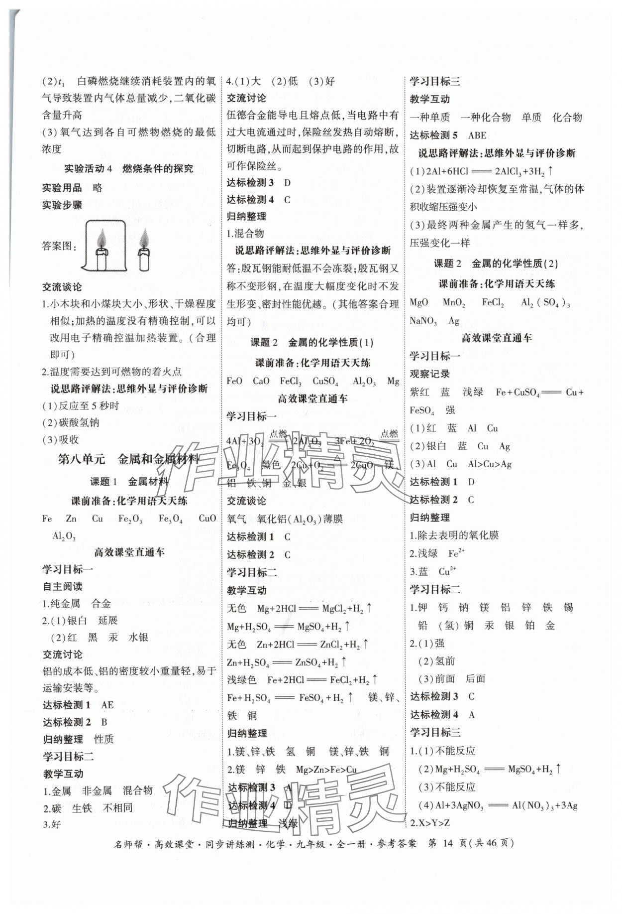 2024年名師幫高效課堂同步講練測九年級化學(xué)全一冊人教版 參考答案第14頁