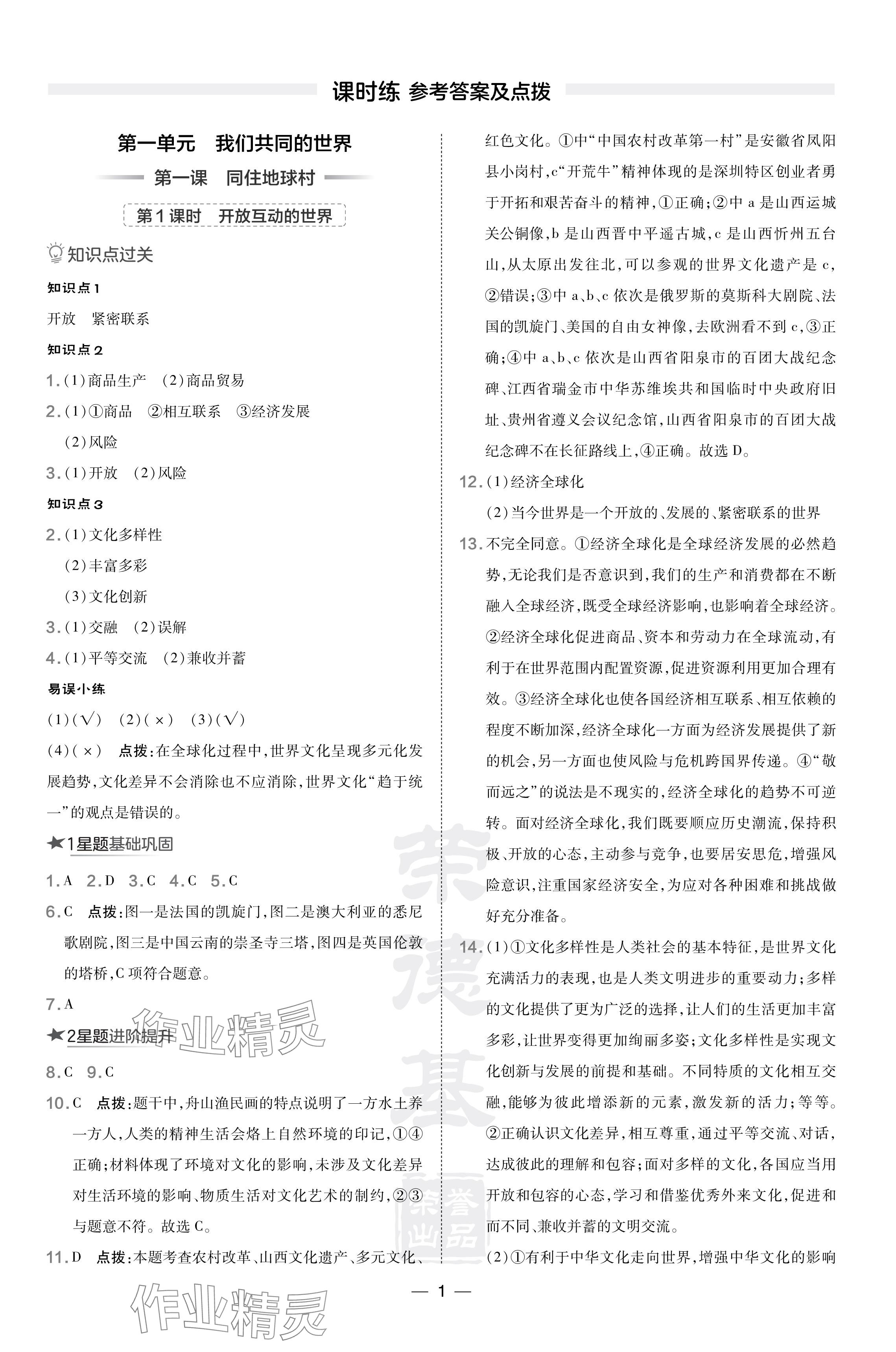 2024年點撥訓練九年級道德與法治下冊人教版山西專版 參考答案第1頁