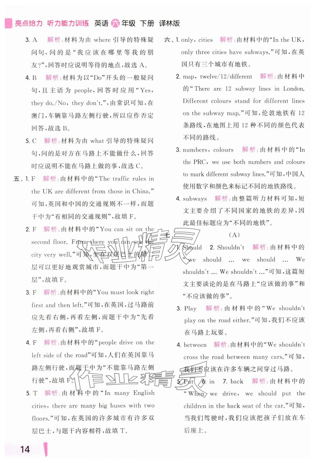 2024年亮點(diǎn)給力聽力能力訓(xùn)練六年級英語下冊譯林版 參考答案第14頁