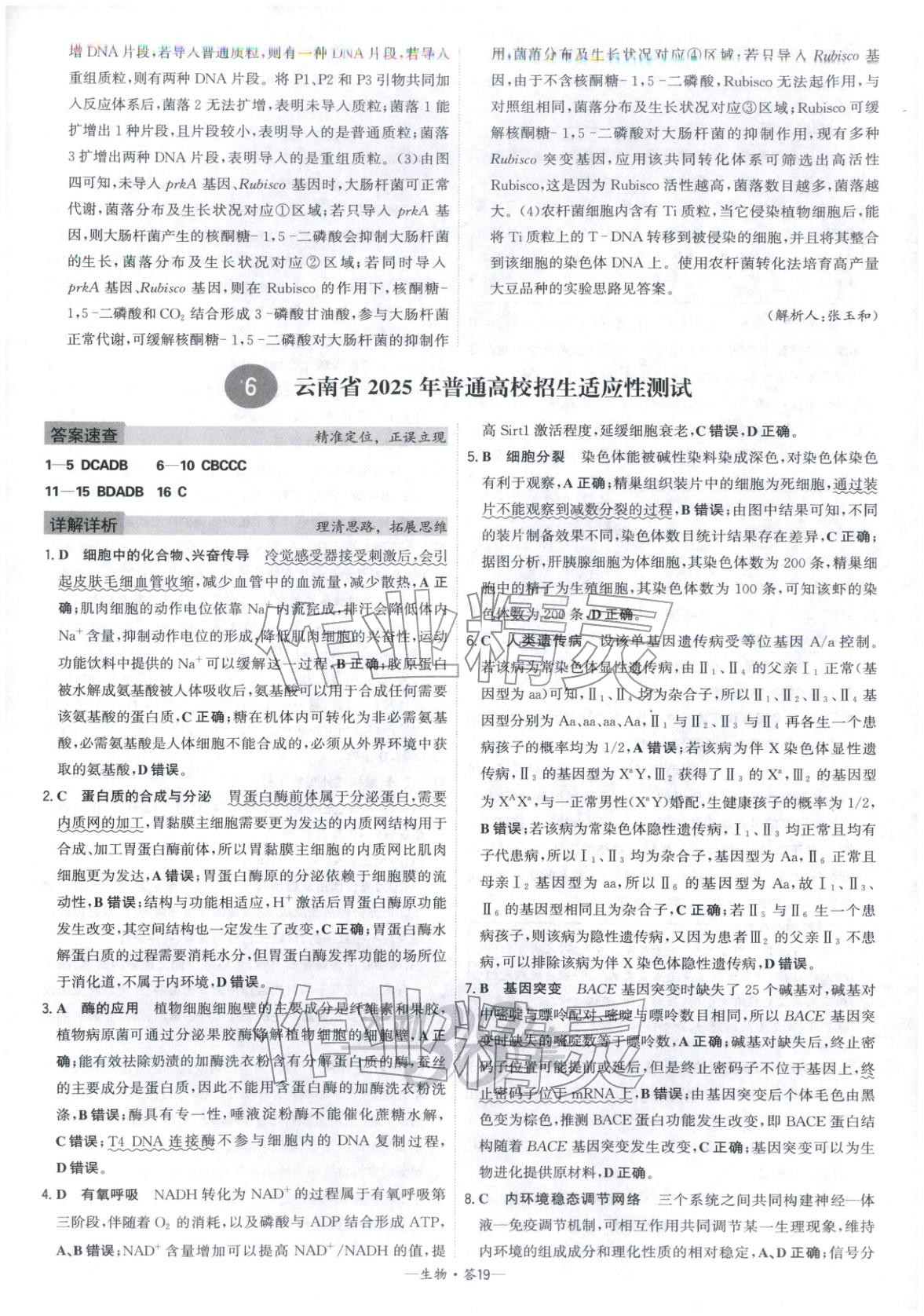 2026年高考模擬試題匯編高中生物全一冊通用版&nbsp;參考答案第19頁
