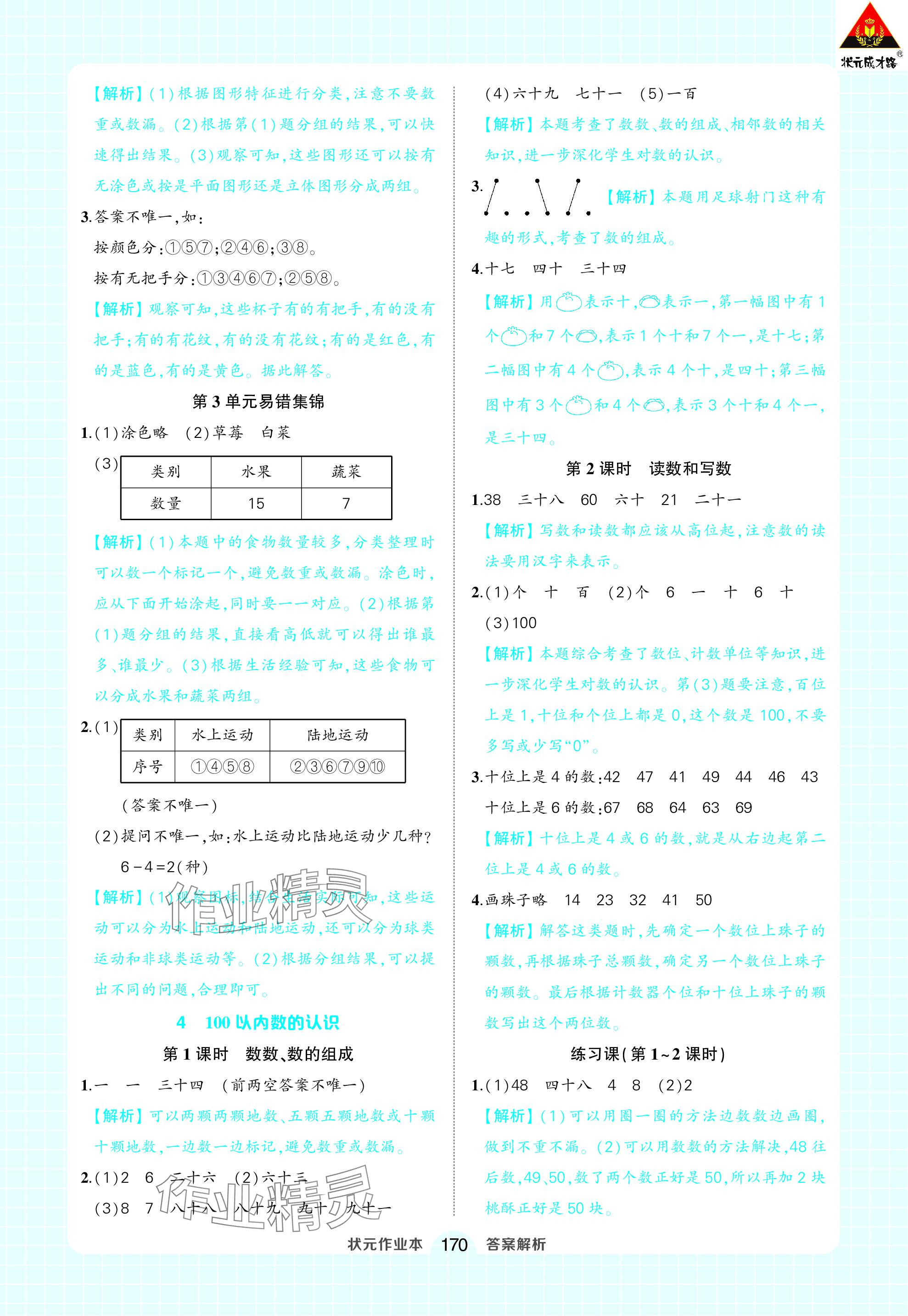 2024年黄冈状元成才路状元作业本一年级数学下册人教版 参考答案第8页