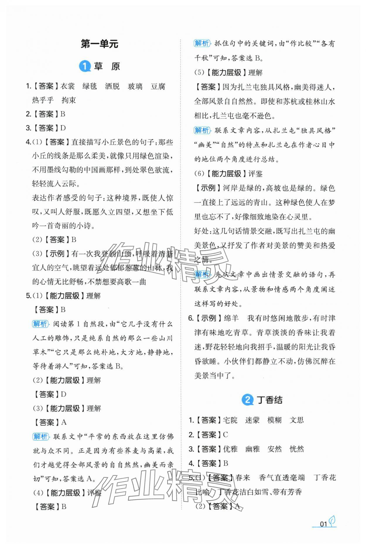 2024年一本同步訓(xùn)練六年級語文上冊人教版福建專版 參考答案第1頁