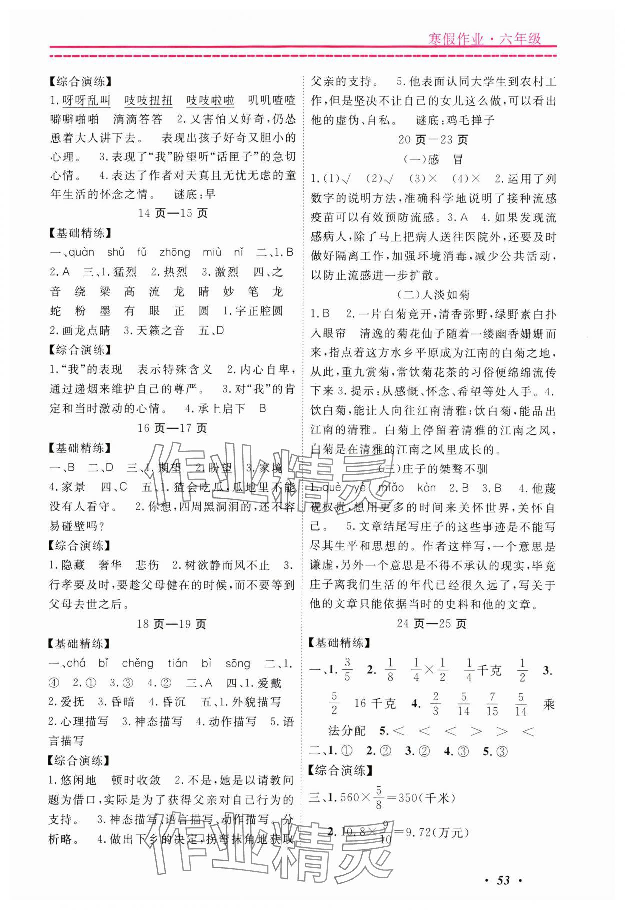 2025年快乐假期寒假作业宁波出版社六年级合订本浙江专版 参考答案第2页