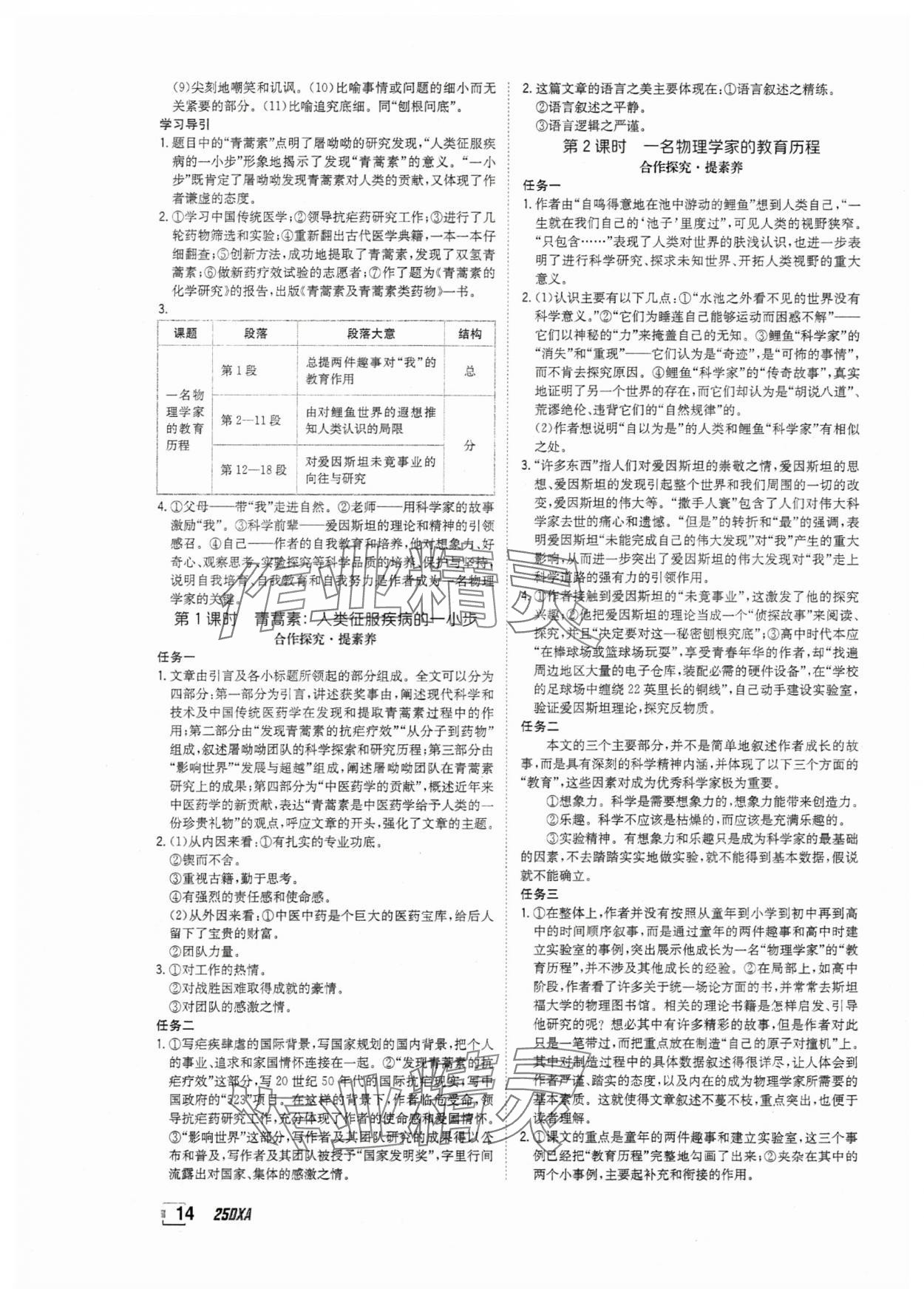 2025年金太陽導學案高中語文必修下冊人教版 參考答案第14頁