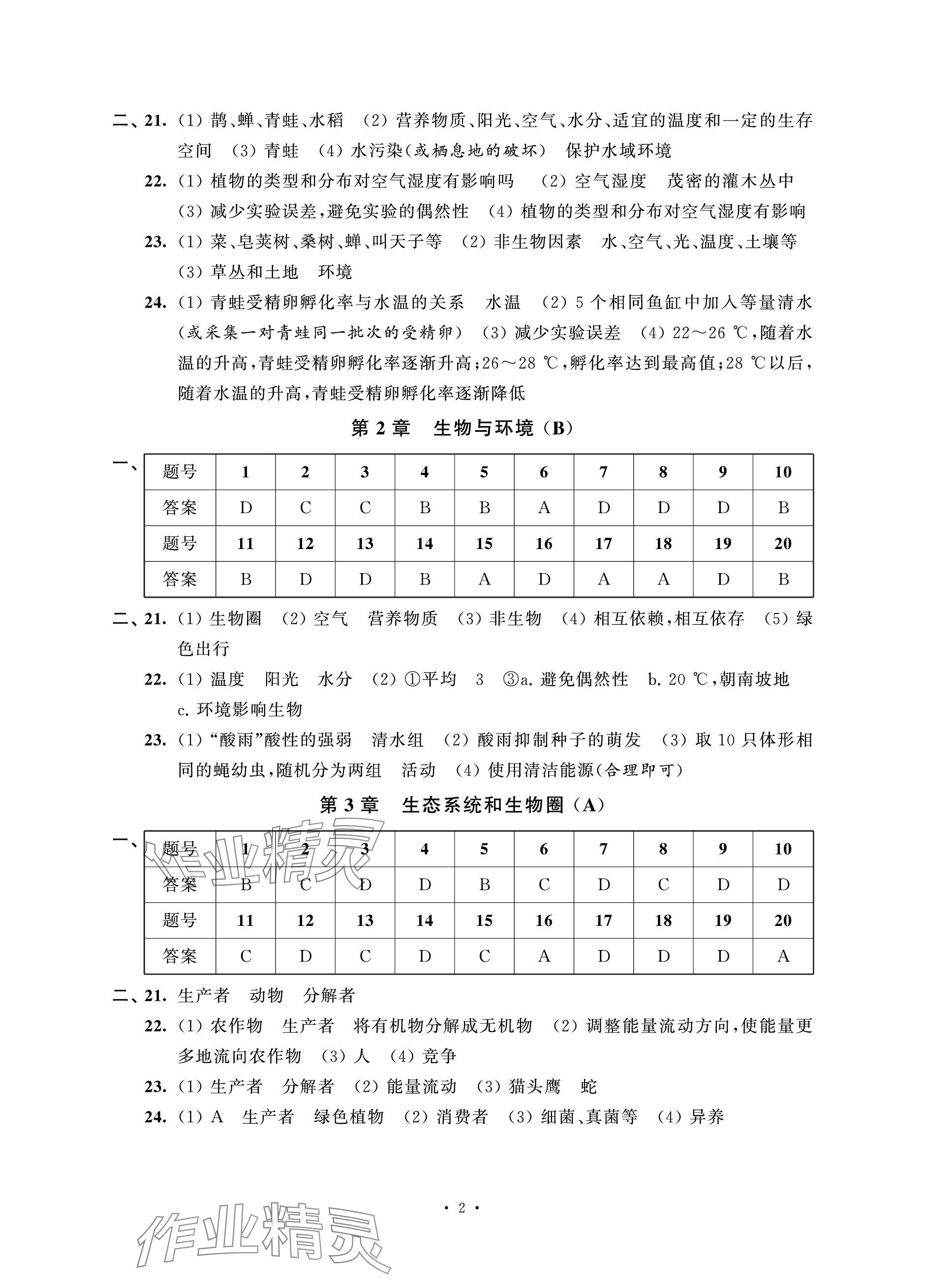 2023年配套單元評價七年級生物上冊蘇科版 參考答案第2頁