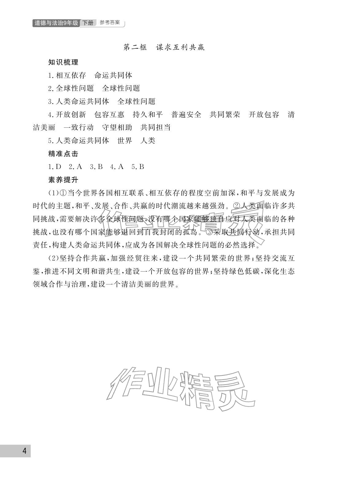 2026年课堂作业武汉出版社九年级道德与法治下册人教版&nbsp;参考答案第4页
