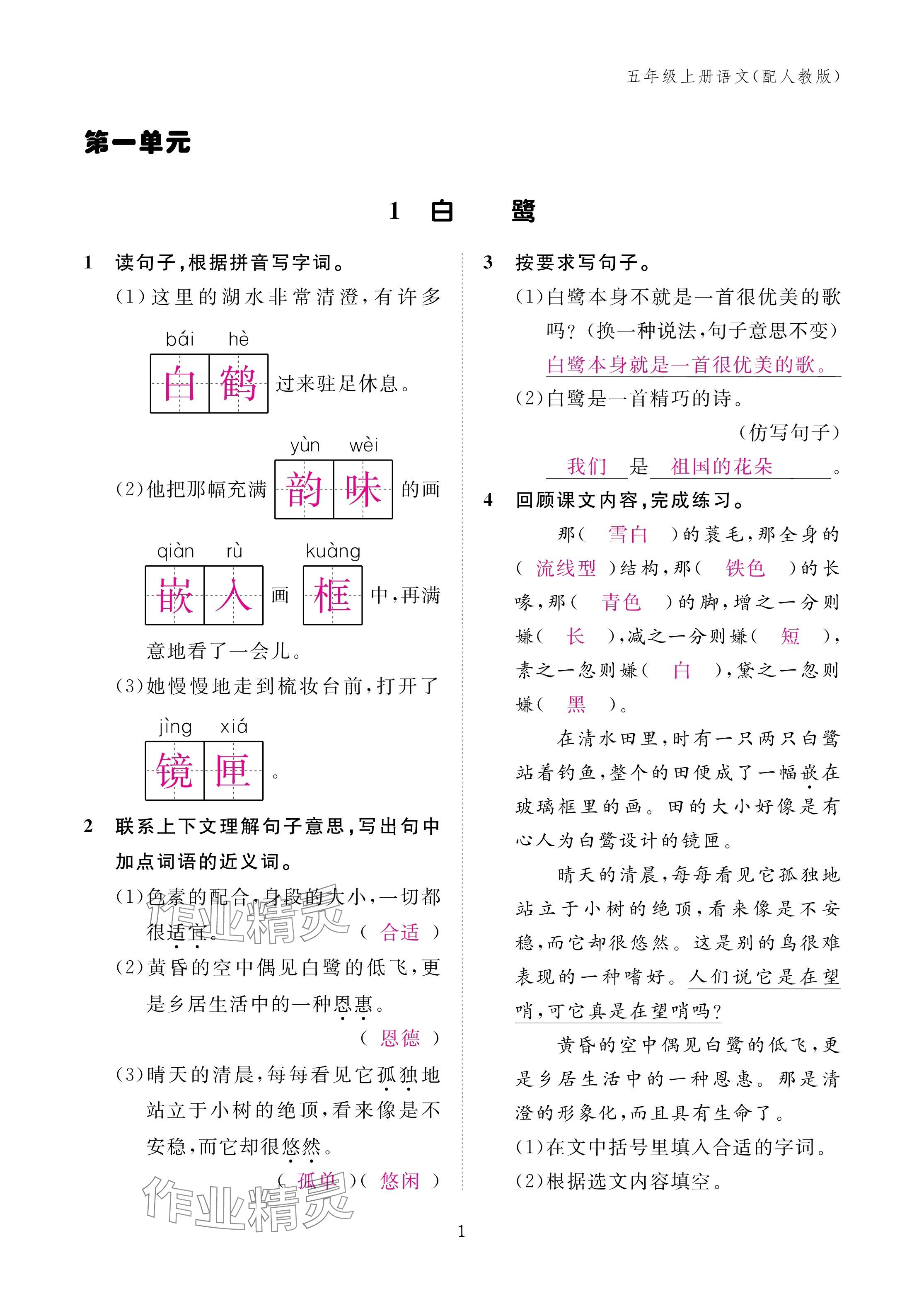 2024年作業(yè)本江西教育出版社五年級語文上冊人教版 第1頁