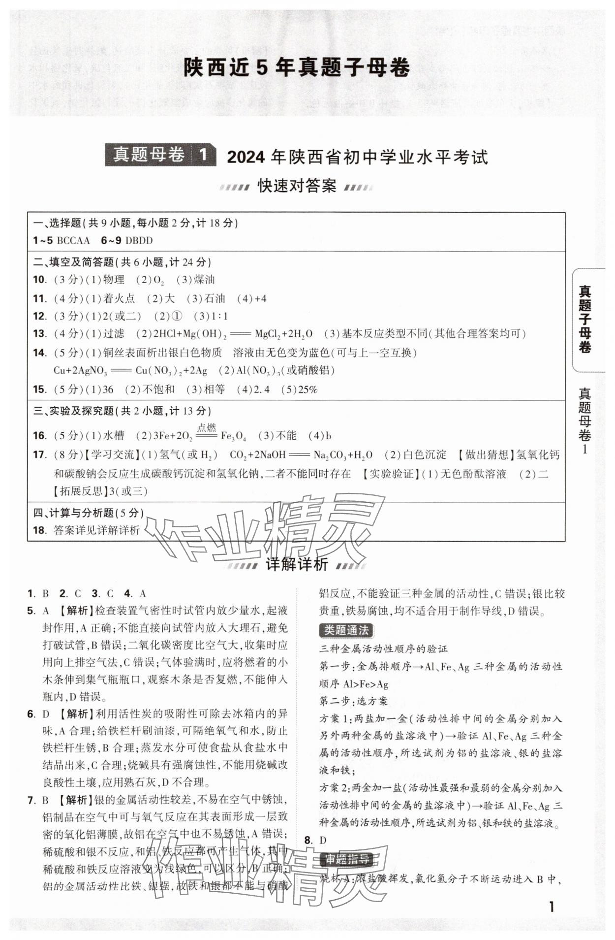 2025年萬唯中考真題子母卷化學(xué)陜西專版 參考答案第1頁