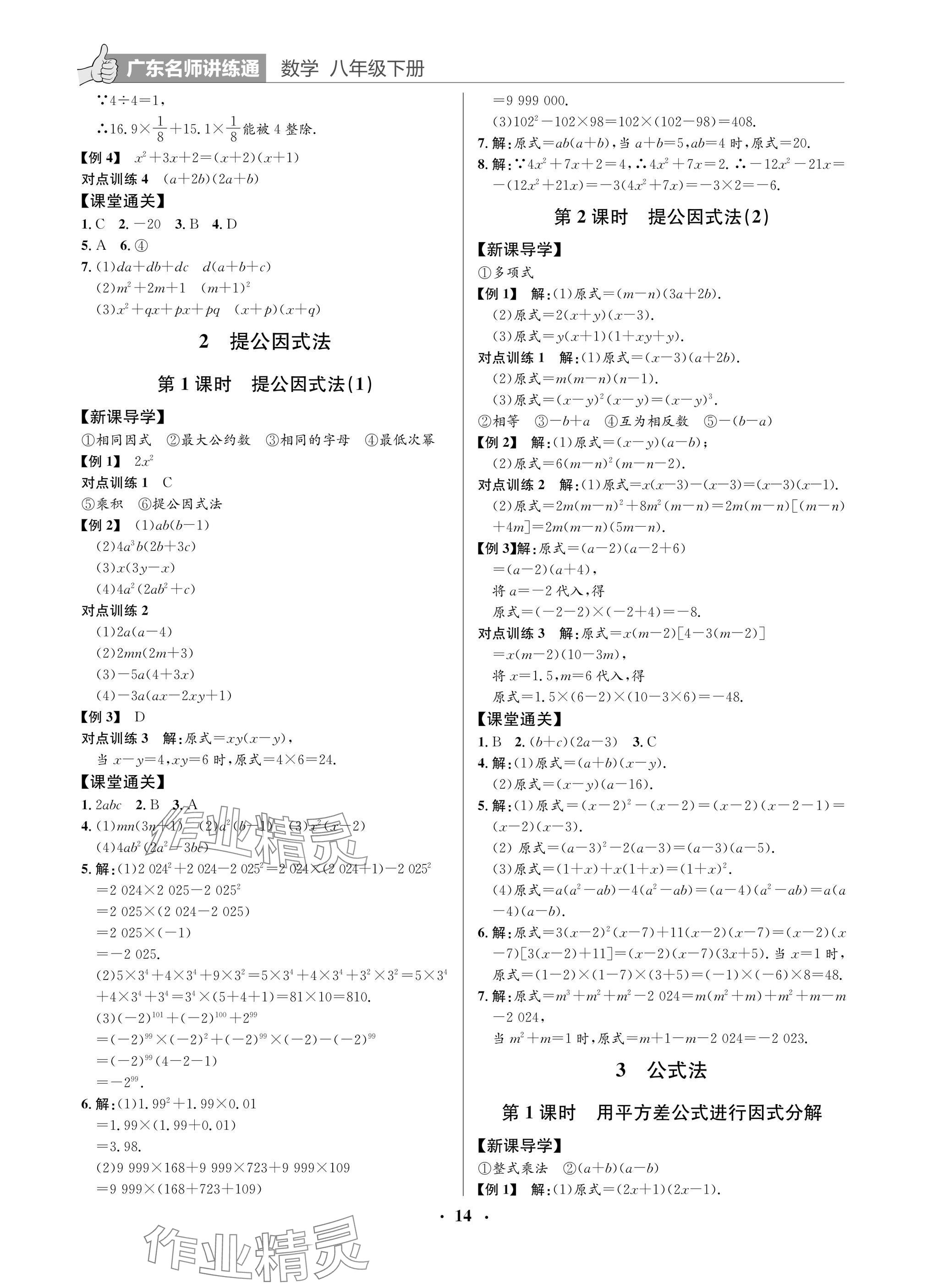 2025年廣東名師講練通八年級數學下冊北師大版深圳專版 參考答案第14頁