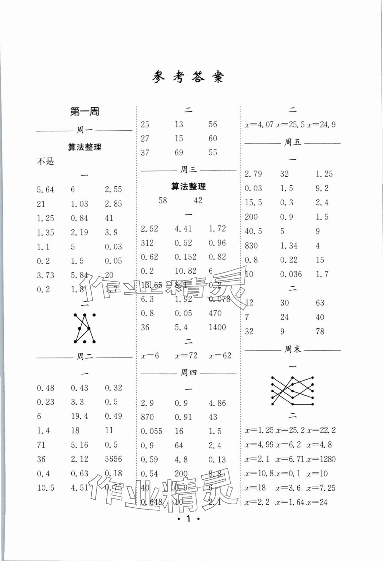 2024年口算天天練每日5分鐘五年級(jí)數(shù)學(xué)下冊(cè)蘇教版 參考答案第1頁(yè)