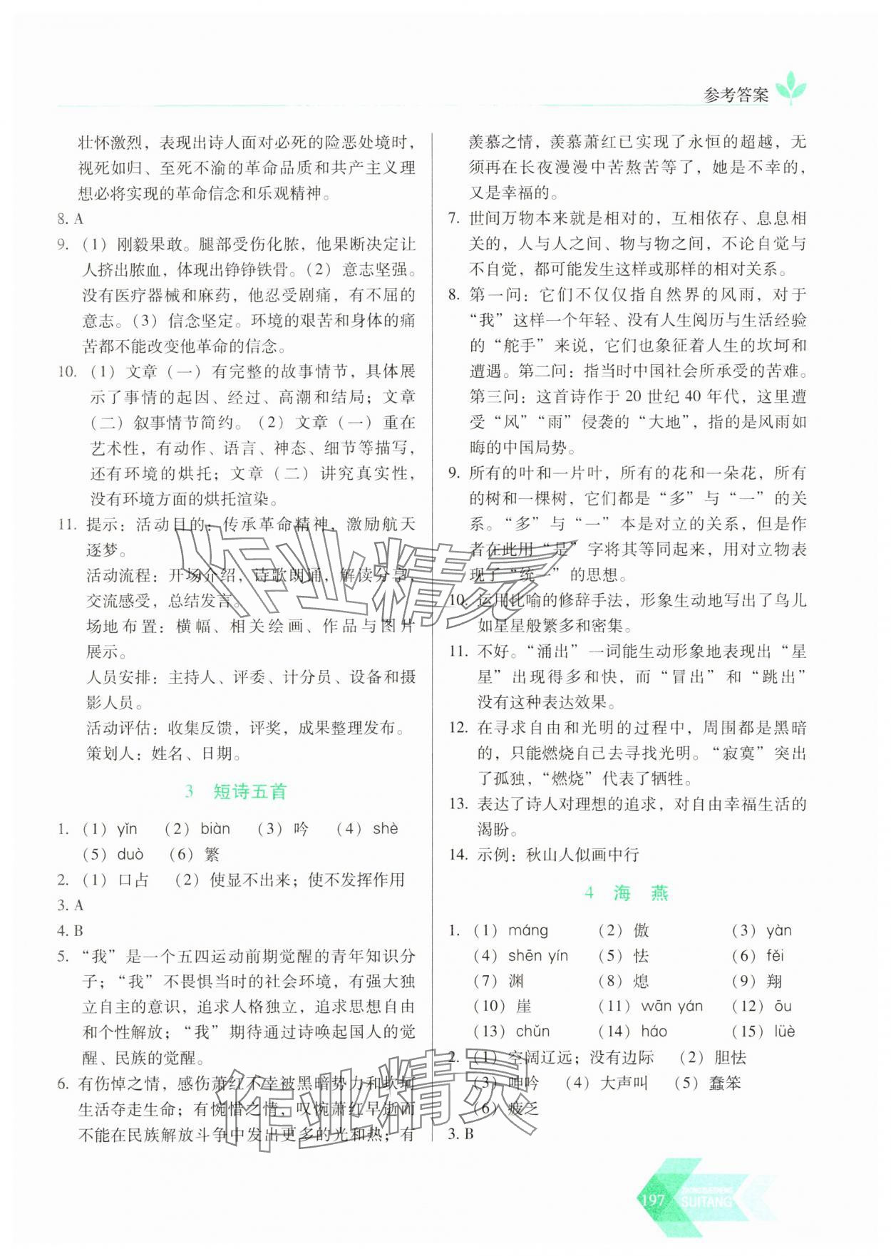2025年随堂同步练习九年级语文下册人教版 参考答案第2页