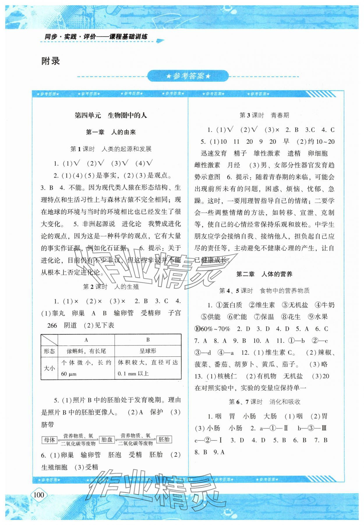 2024年同步实践评价课程基础训练七年级生物下册人教版 参考答案第1页