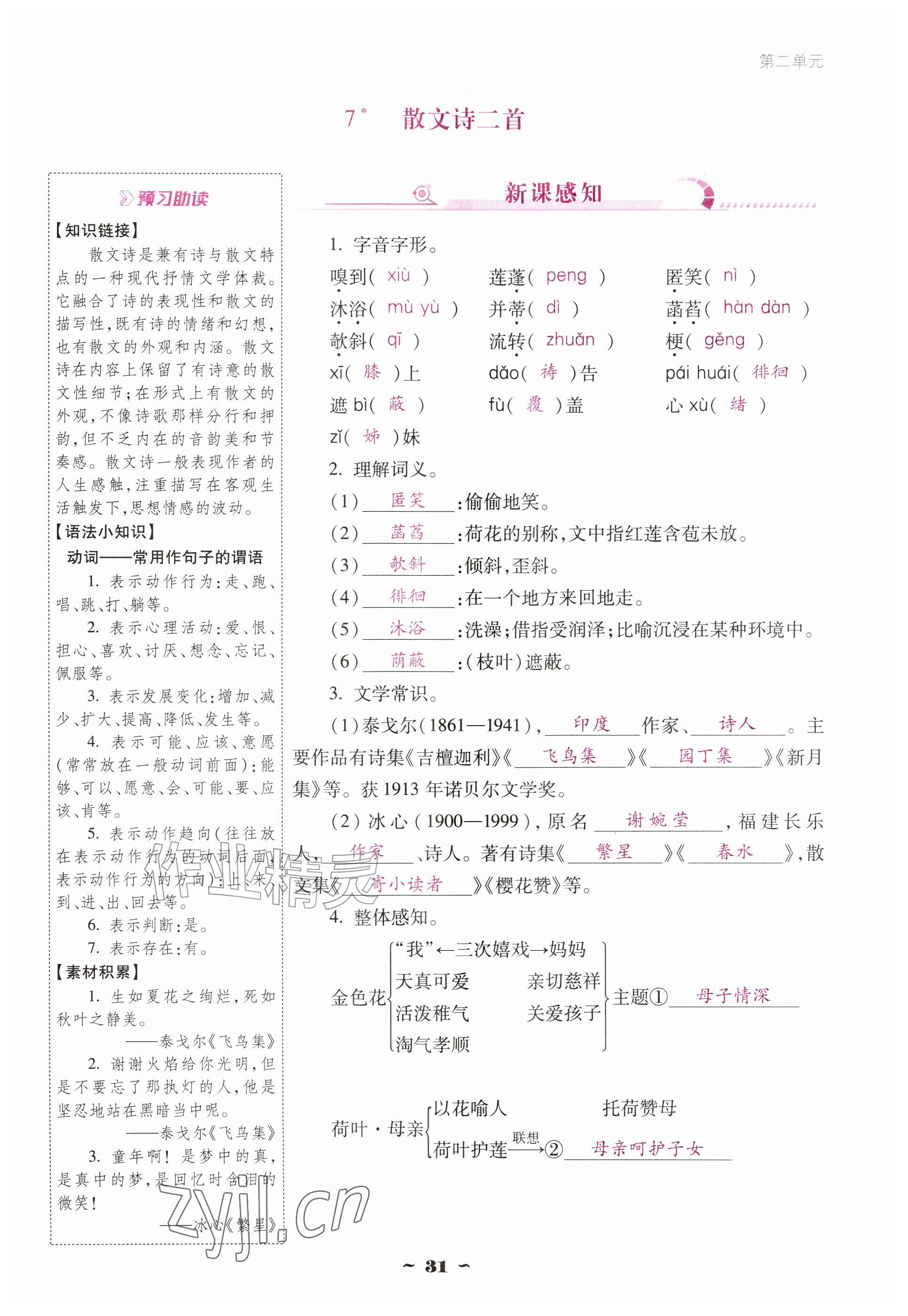 2026年云南省标准教辅优佳学案七年级语文上册人教版&nbsp;参考答案第31页