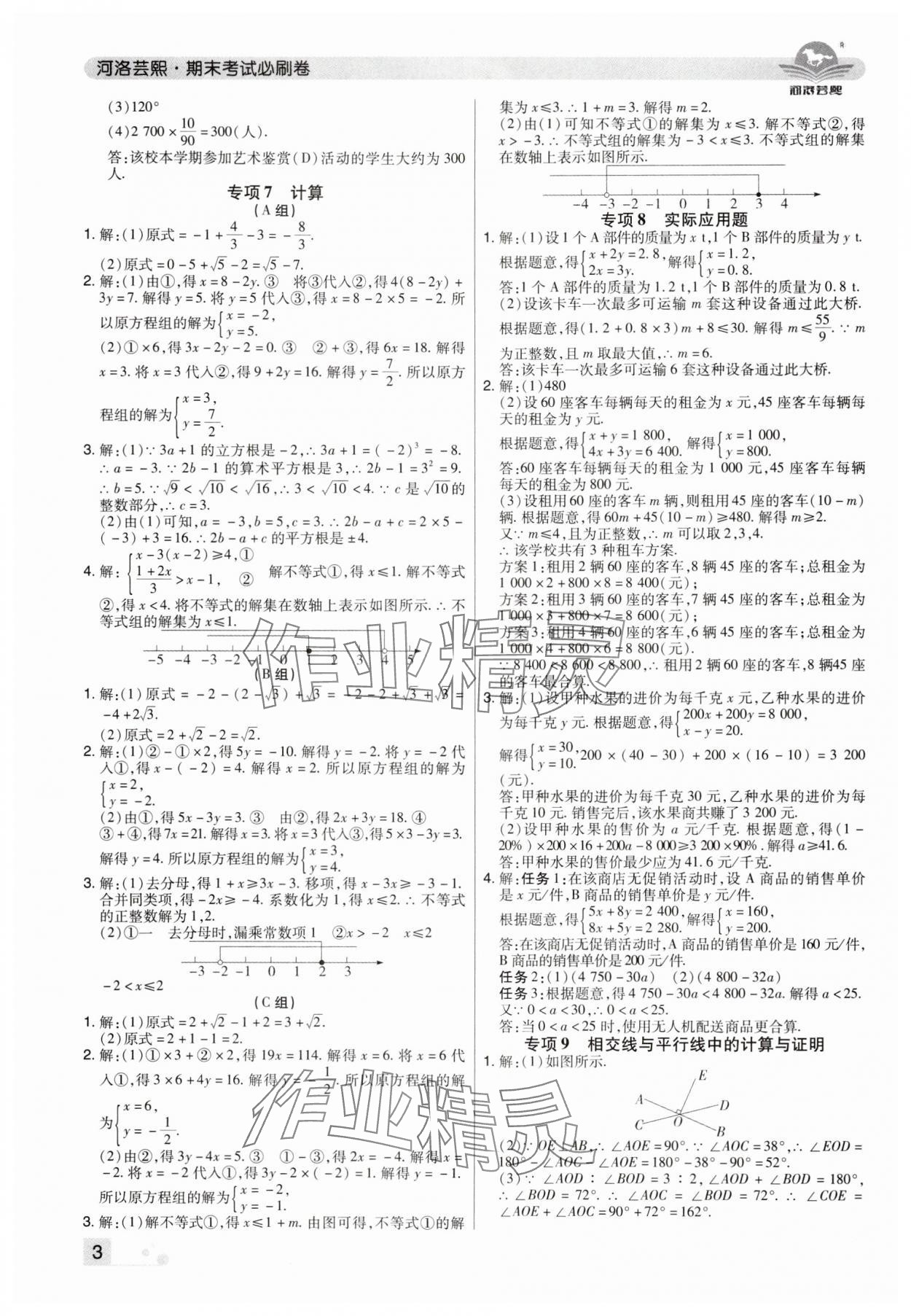 2025年期末考試必刷卷七年級數學下冊人教版河南專版 參考答案第3頁