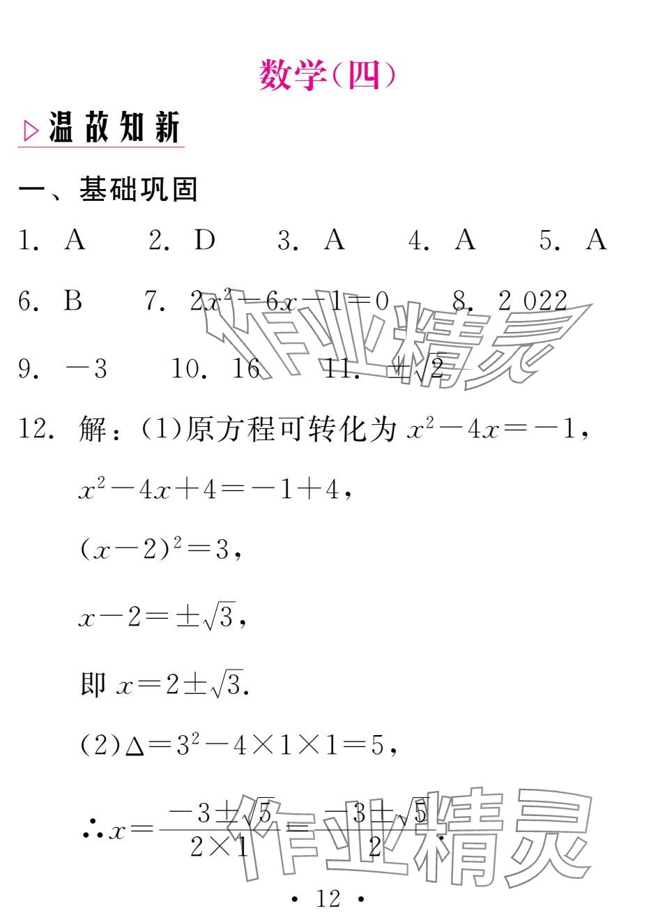 2025年天舟文化精彩寒假團結(jié)出版社九年級數(shù)學(xué) 參考答案第12頁