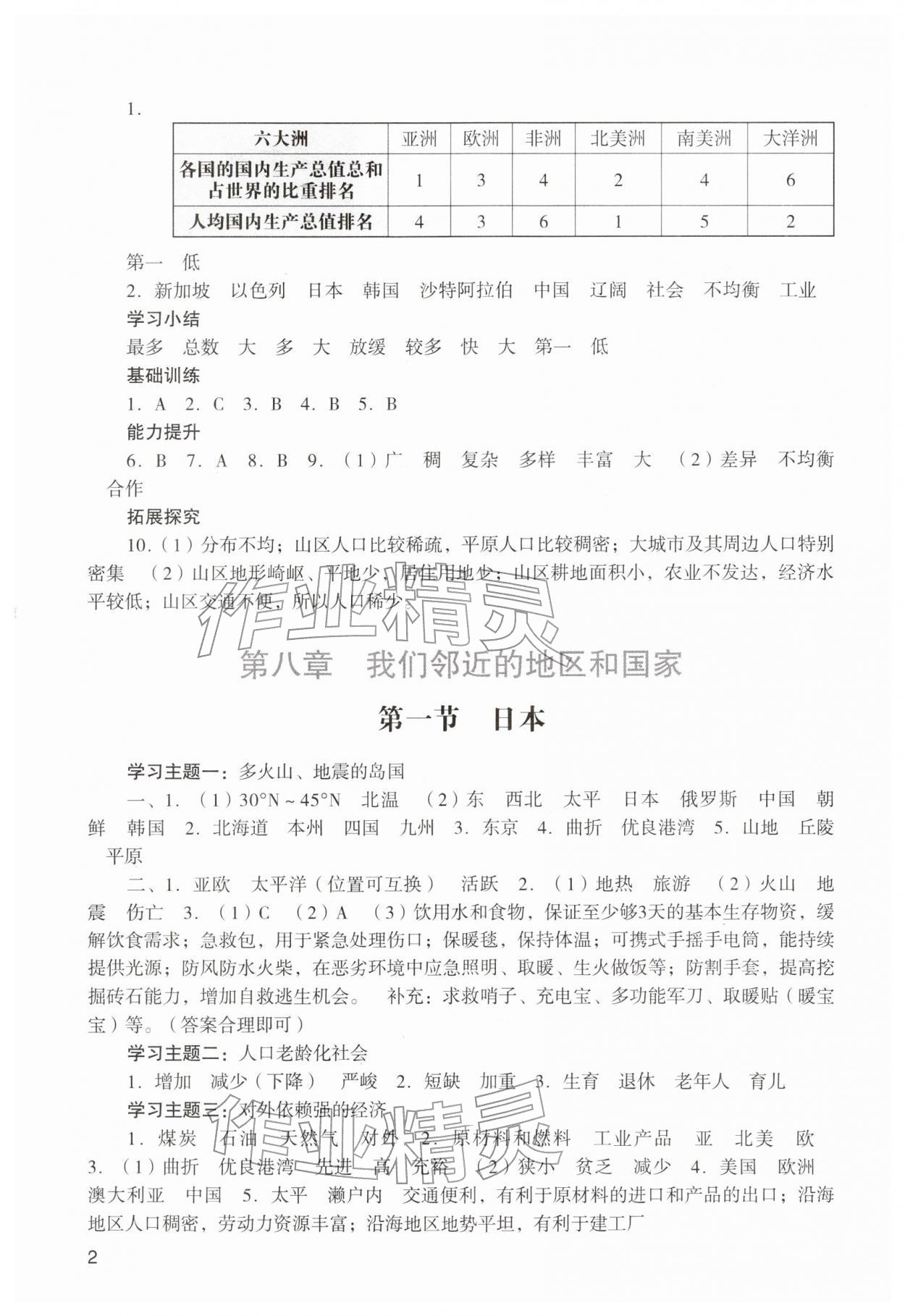 2026年阳光学业评价七年级地理下册人教版&nbsp;参考答案第2页