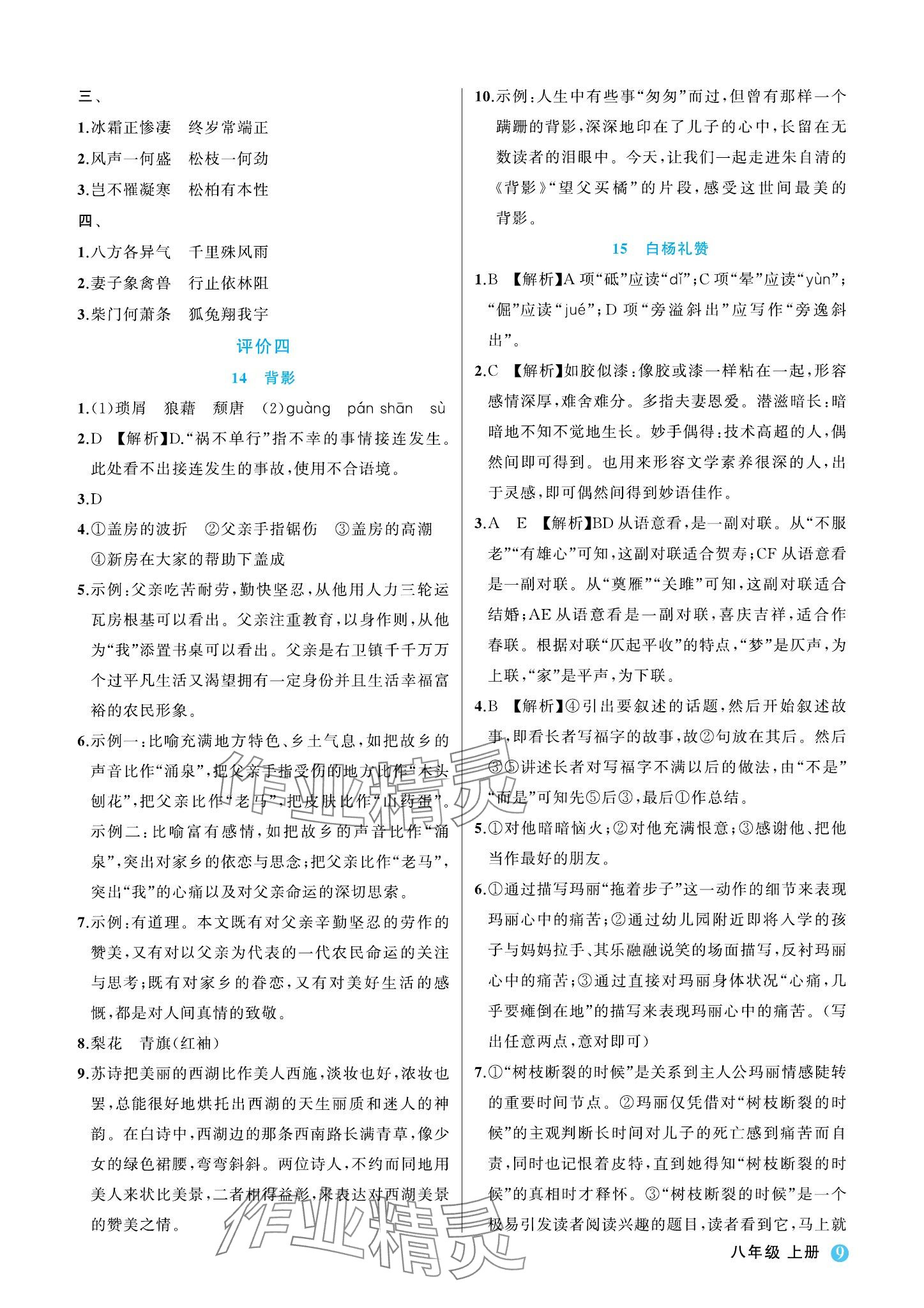 2023年名師面對(duì)面學(xué)科素養(yǎng)評(píng)價(jià)八年級(jí)語(yǔ)文上冊(cè)人教版 參考答案第9頁(yè)