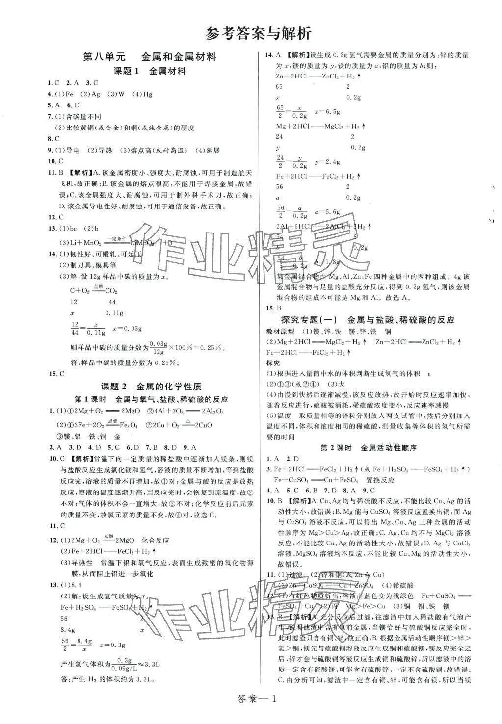 2024年一线调研学业测评九年级化学下册人教版 第1页