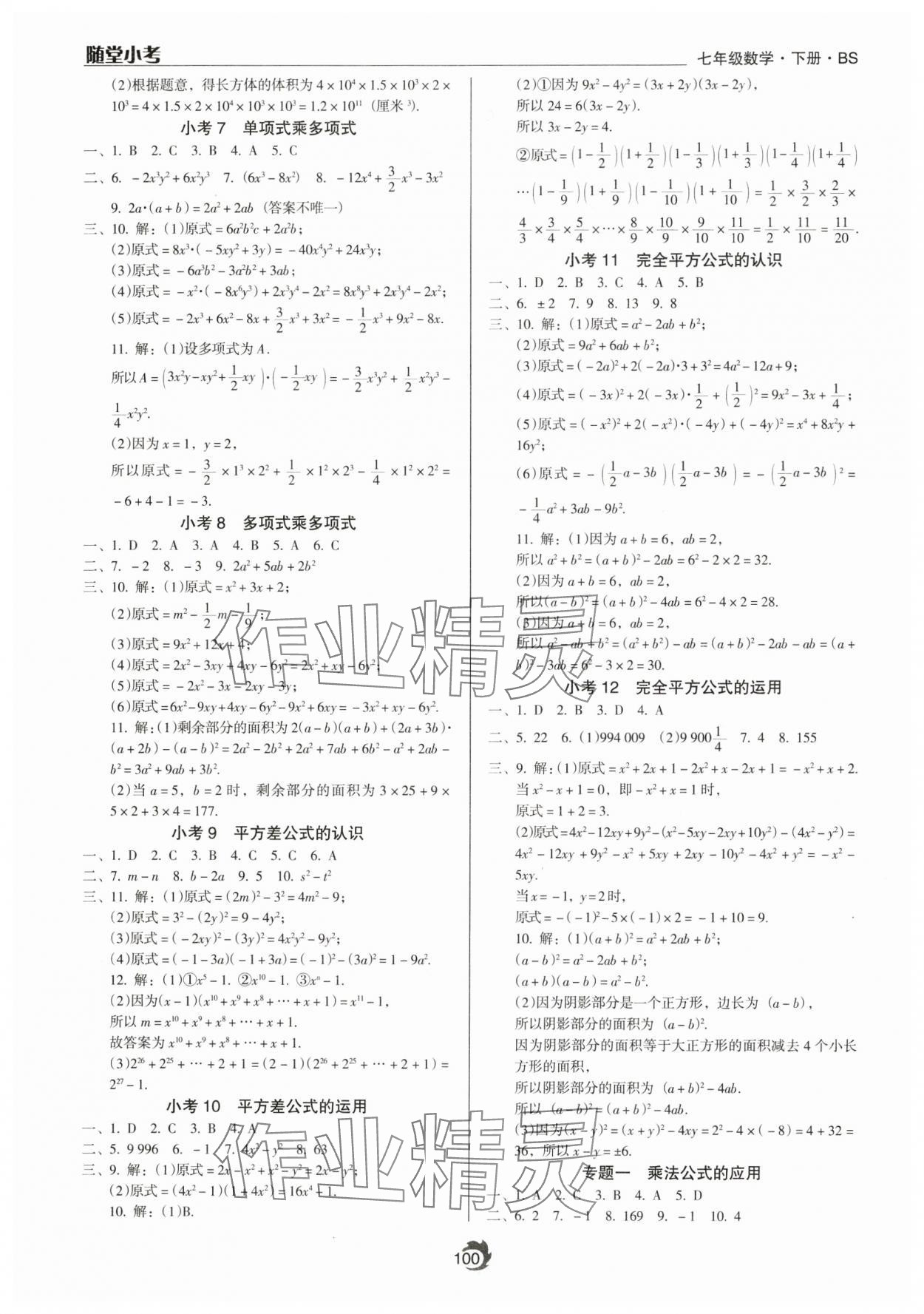 2025年隨堂小考七年級數(shù)學(xué)下冊北師大版 參考答案第2頁