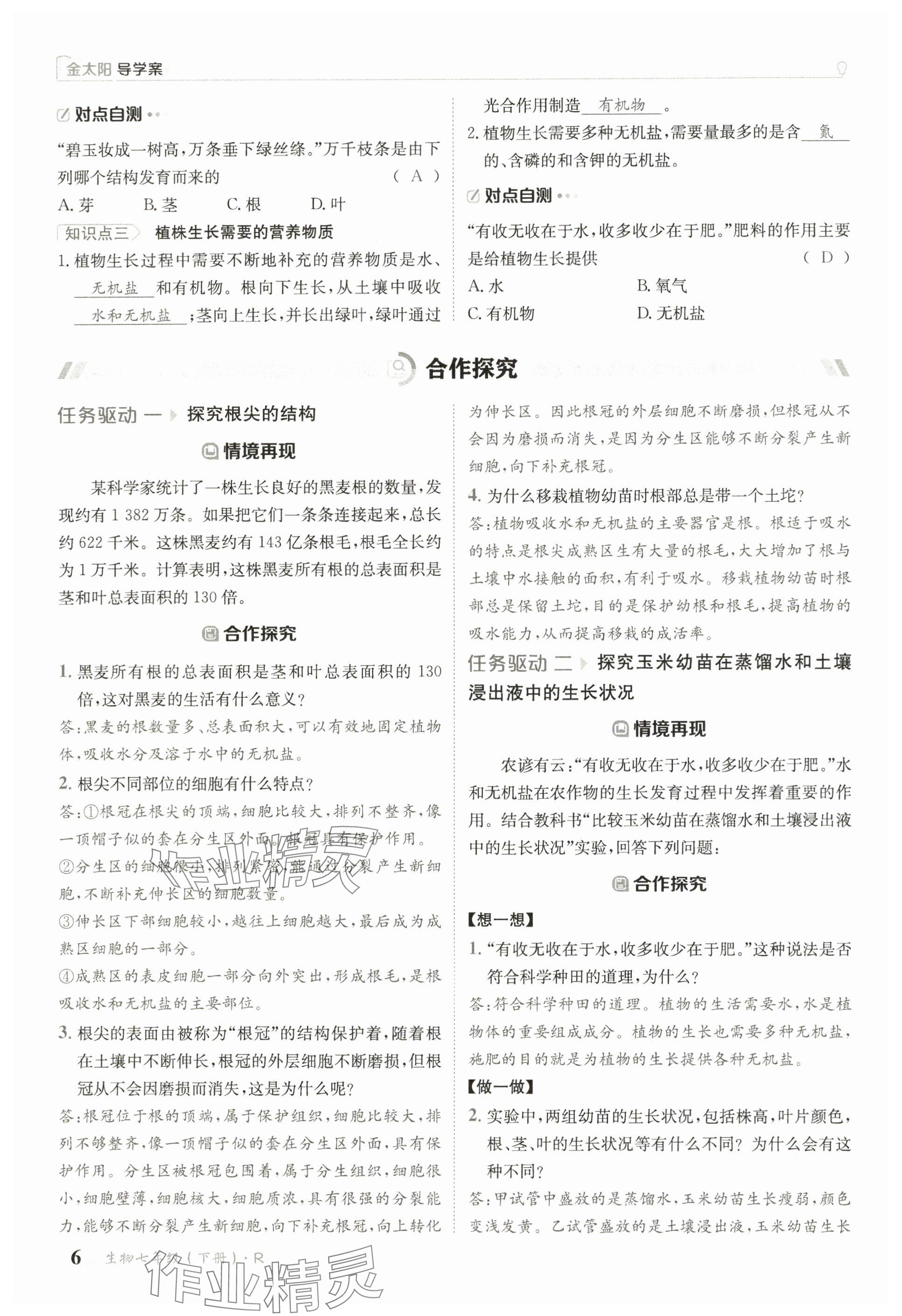 2025年金太陽導學案七年級生物下冊人教版 參考答案第6頁