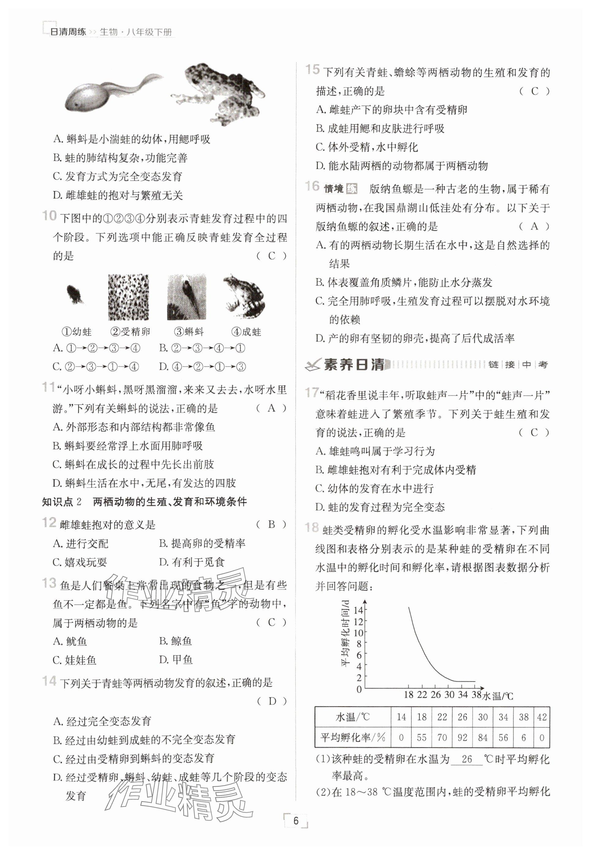 2025年日清周练八年级生物下册人教版&nbsp;参考答案第6页