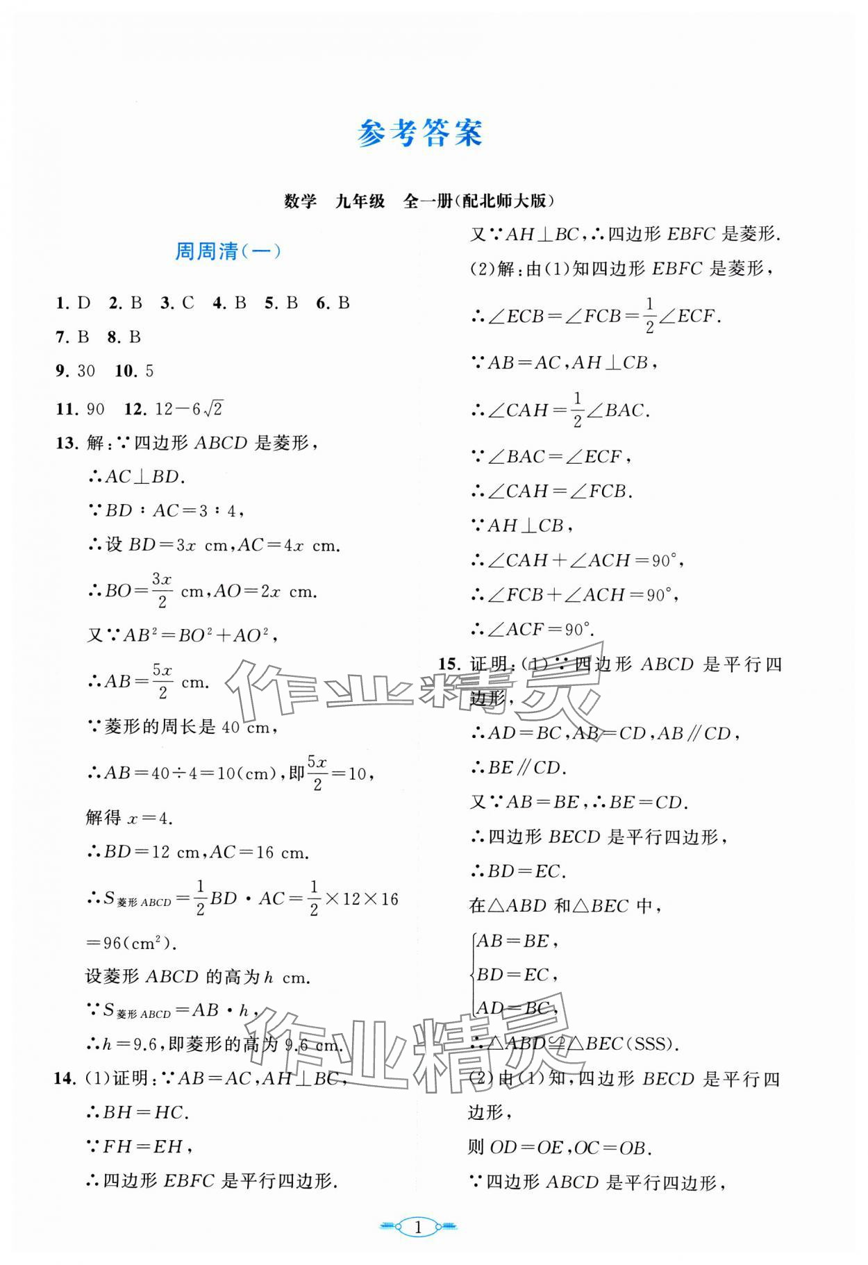 2024年课标新卷九年级数学全一册北师大版 第1页