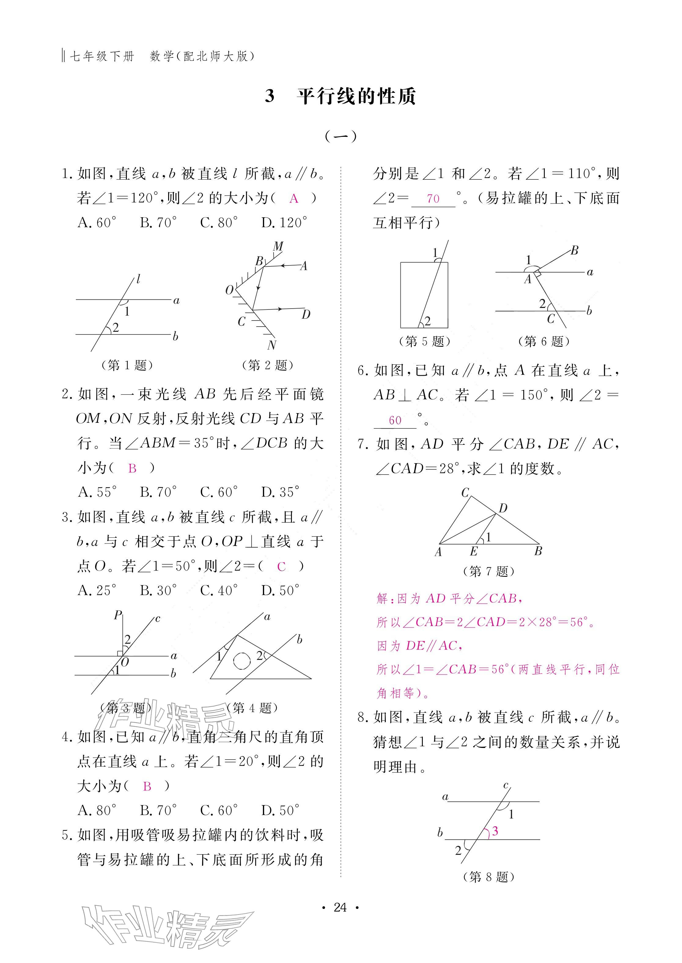 2026年作业本江西教育出版社七年级数学下册北师大版&nbsp;参考答案第24页