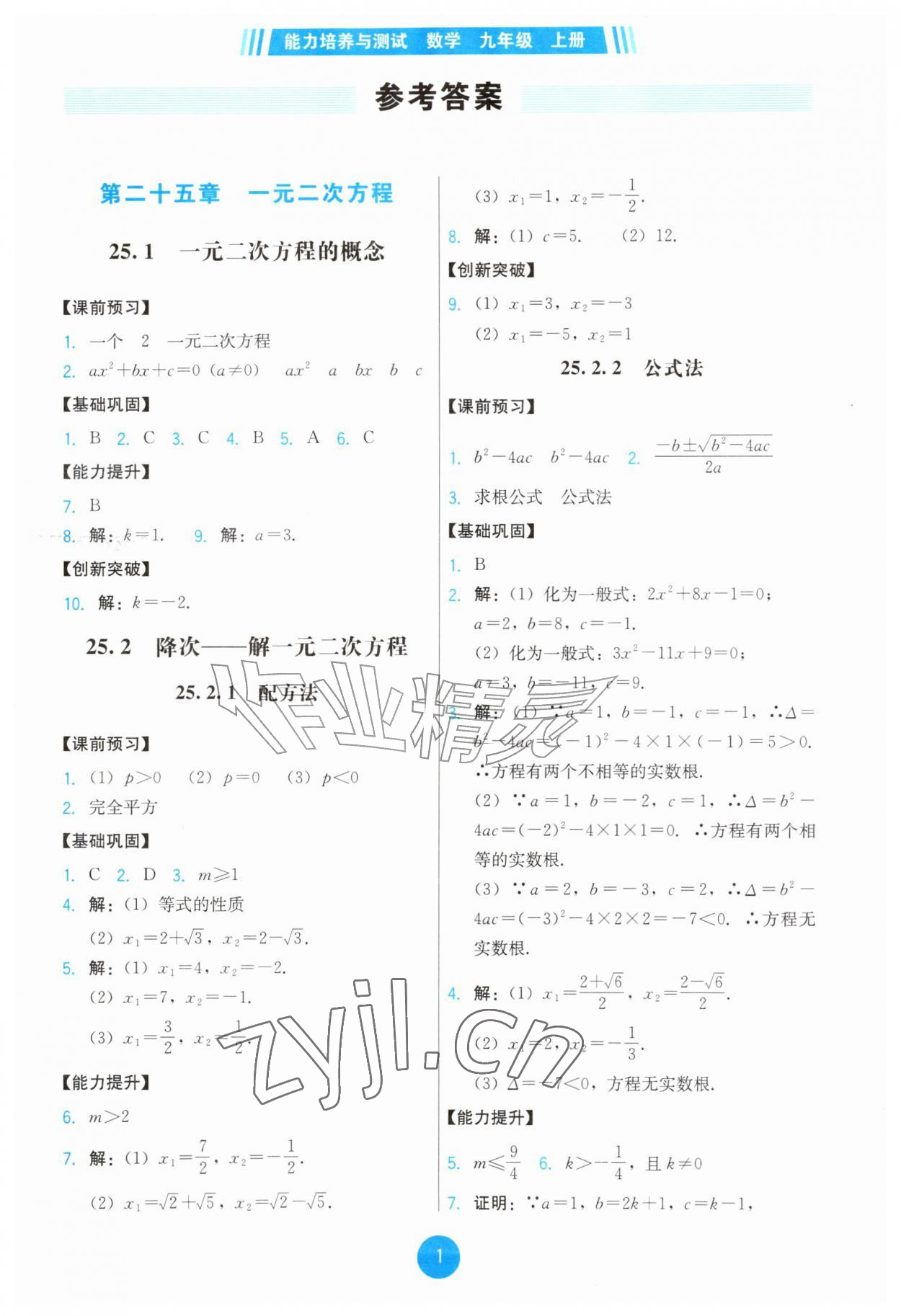 2026年能力培养与测试九年级数学上册人教版&nbsp;第1页