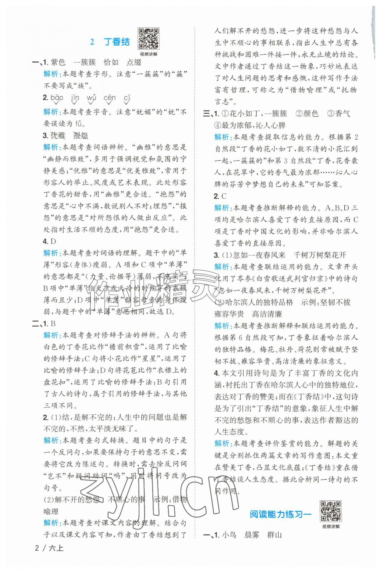 2026年阳光同学课时优化作业六年级语文上册人教版江苏专版&nbsp;参考答案第2页