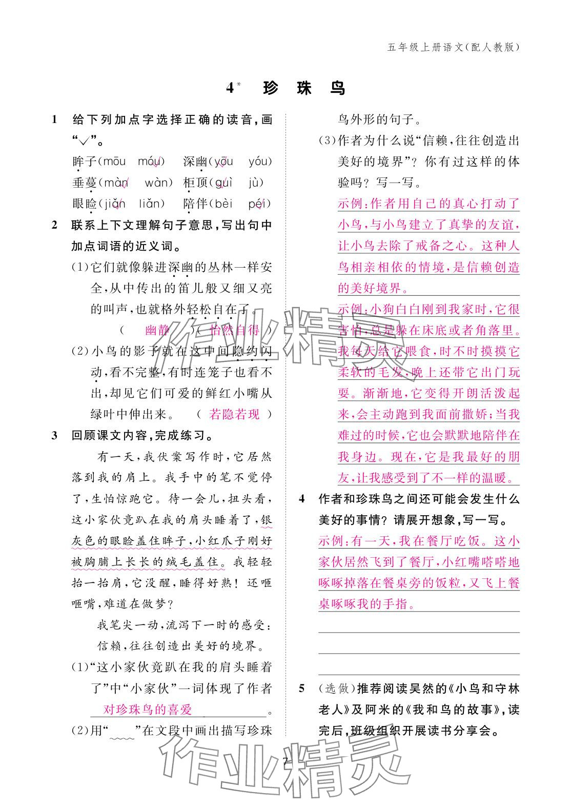 2025年作业本江西教育出版社五年级语文上册人教版 参考答案第7页