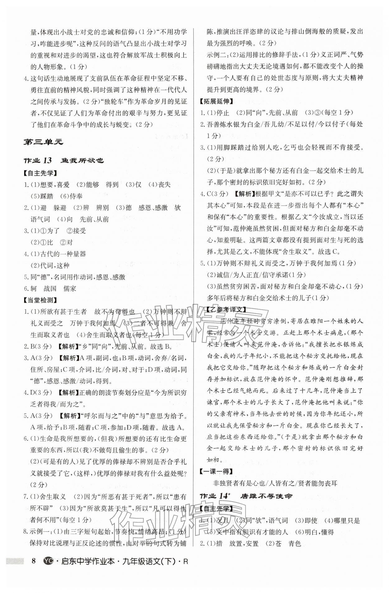 2026年启东中学作业本九年级语文下册人教版盐城专版&nbsp;参考答案第8页