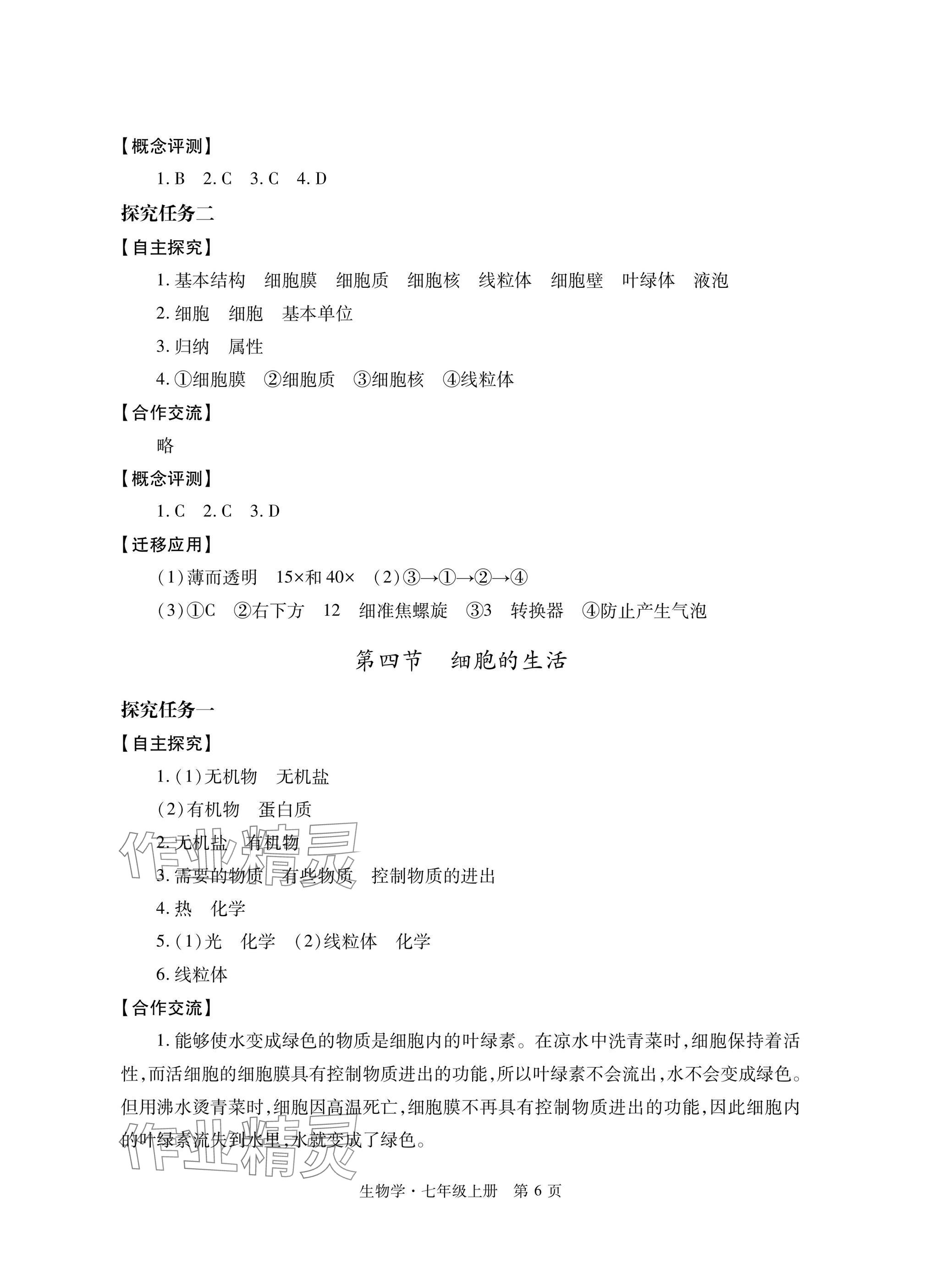 2025年自主学习指导课程与测试七年级生物上册人教版&nbsp;参考答案第6页
