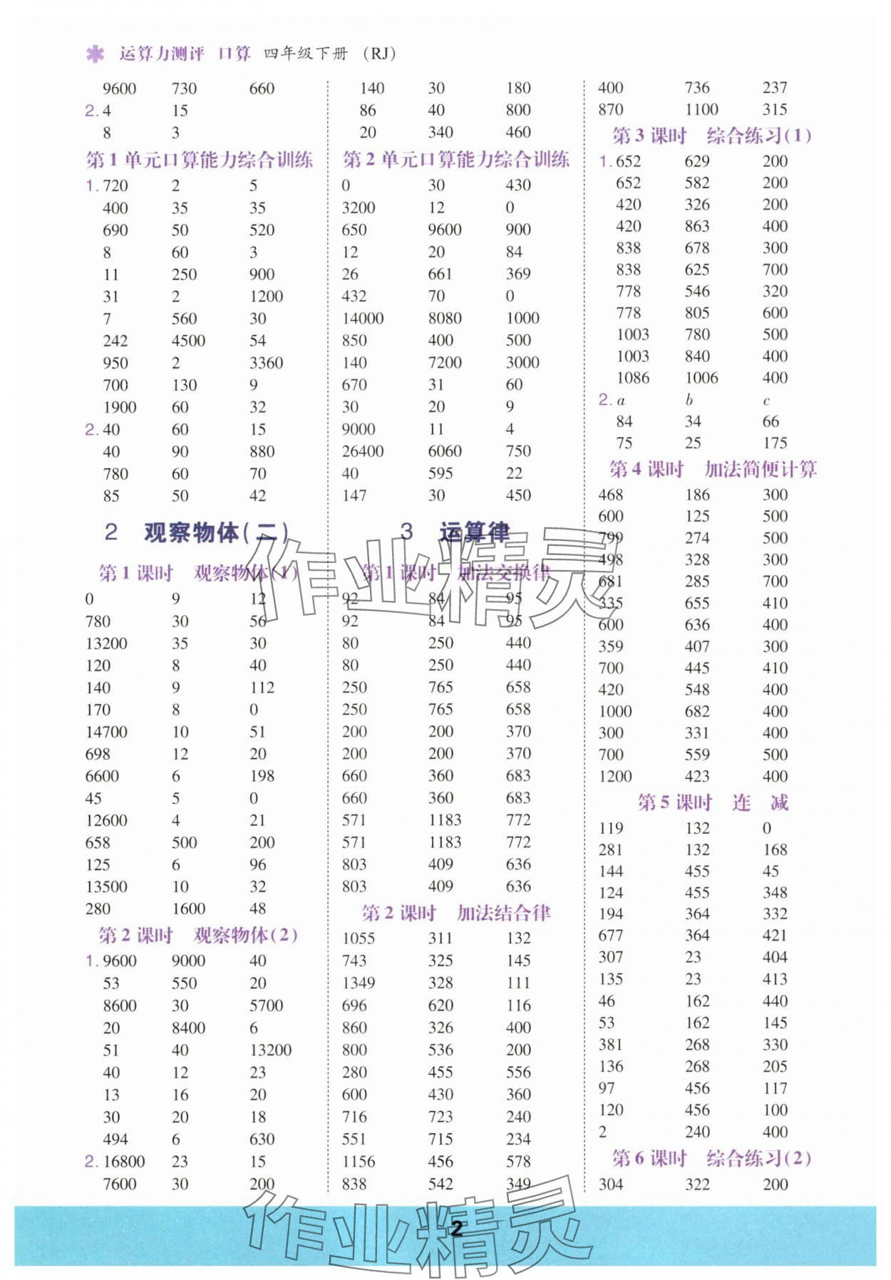 2025年口算運算力測評四年級數學下冊人教版 參考答案第2頁