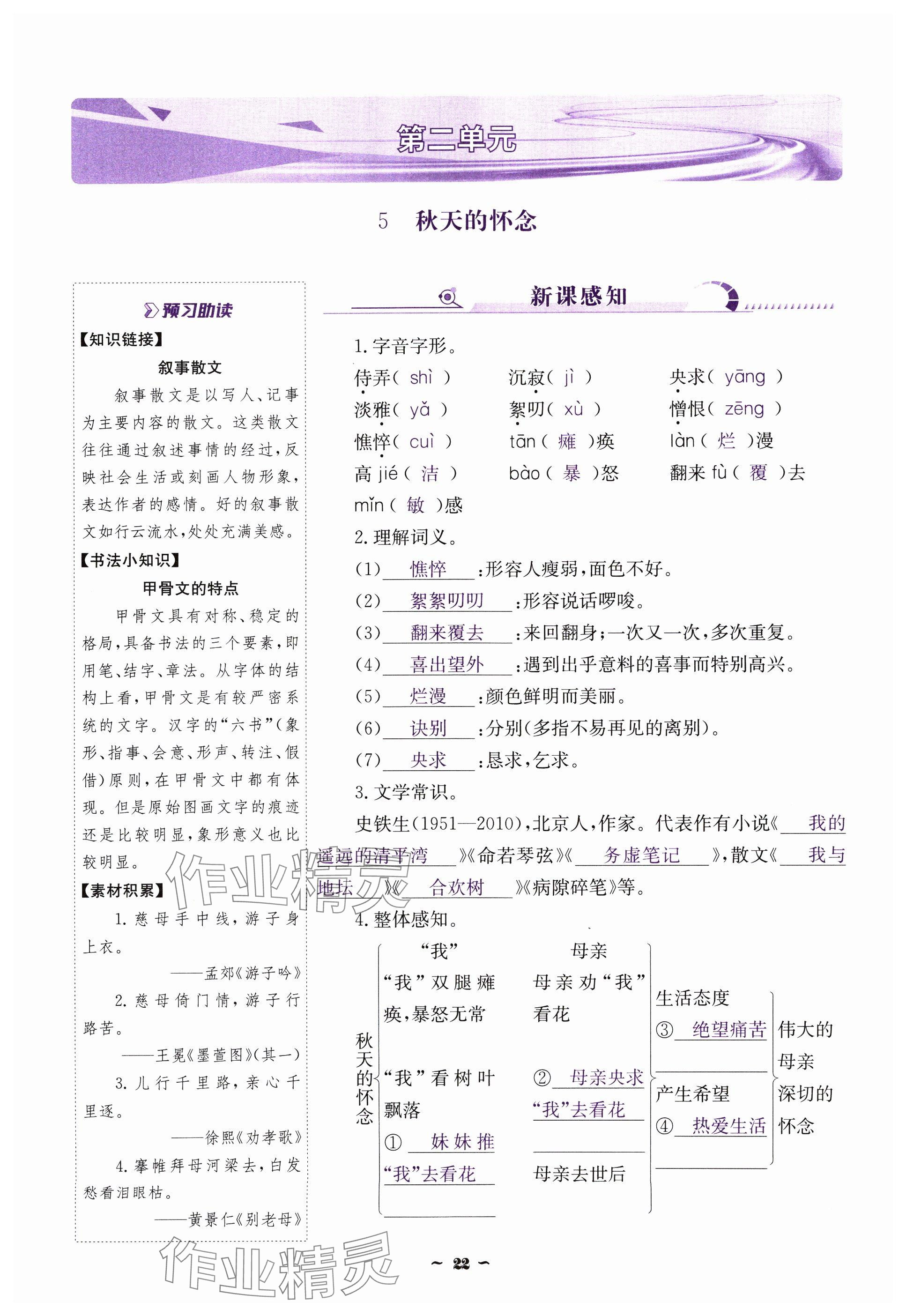 2024年云南省標準教輔優(yōu)佳學案七年級語文上冊人教版 參考答案第22頁