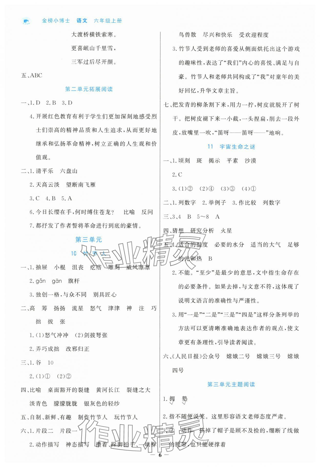 2024年世纪金榜金榜小博士六年级语文上册人教版 参考答案第6页