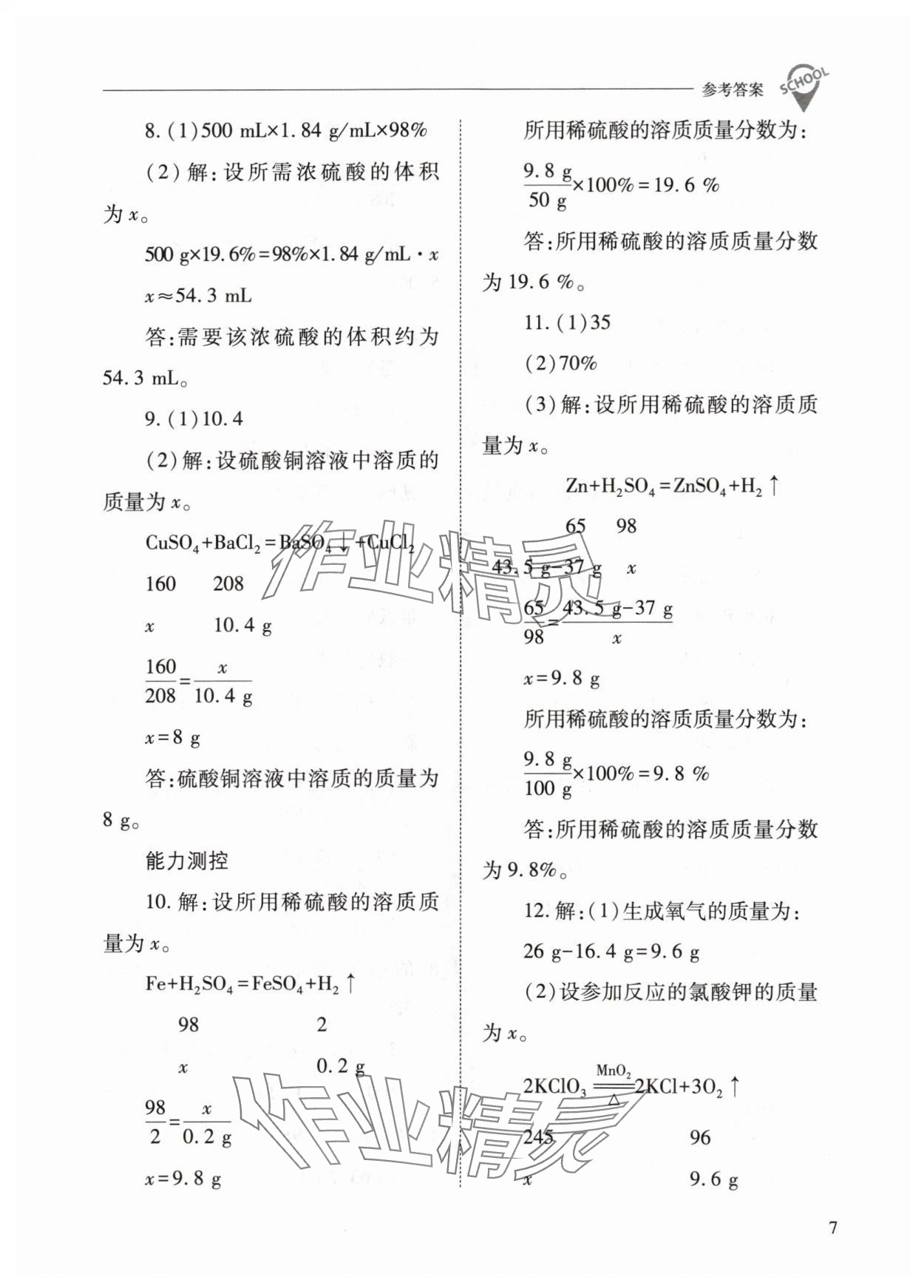 2024年新课程问题解决导学方案九年级化学下册沪教版 参考答案第7页