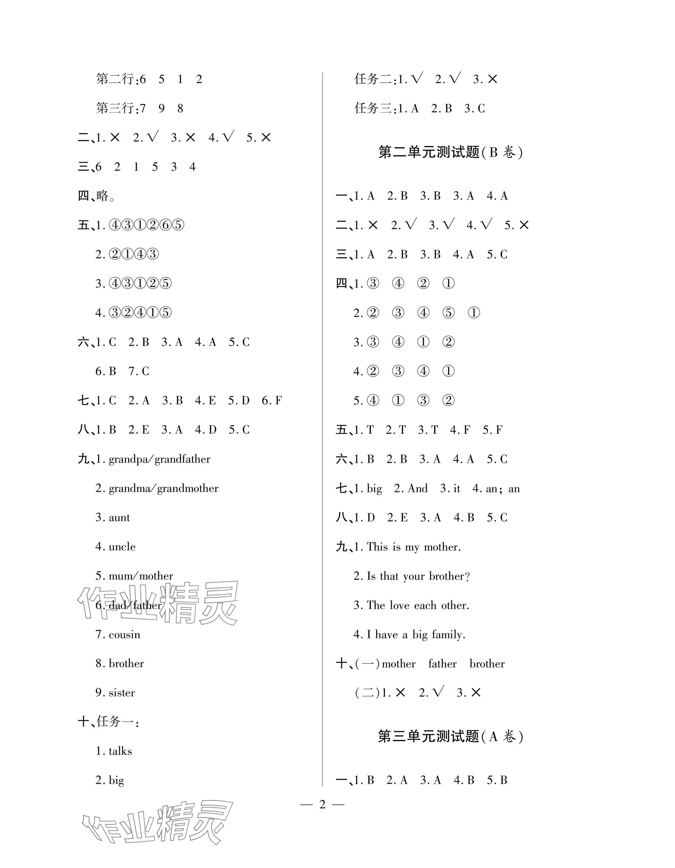 2025年单元自测试卷三年级英语上册人教版 参考答案第2页