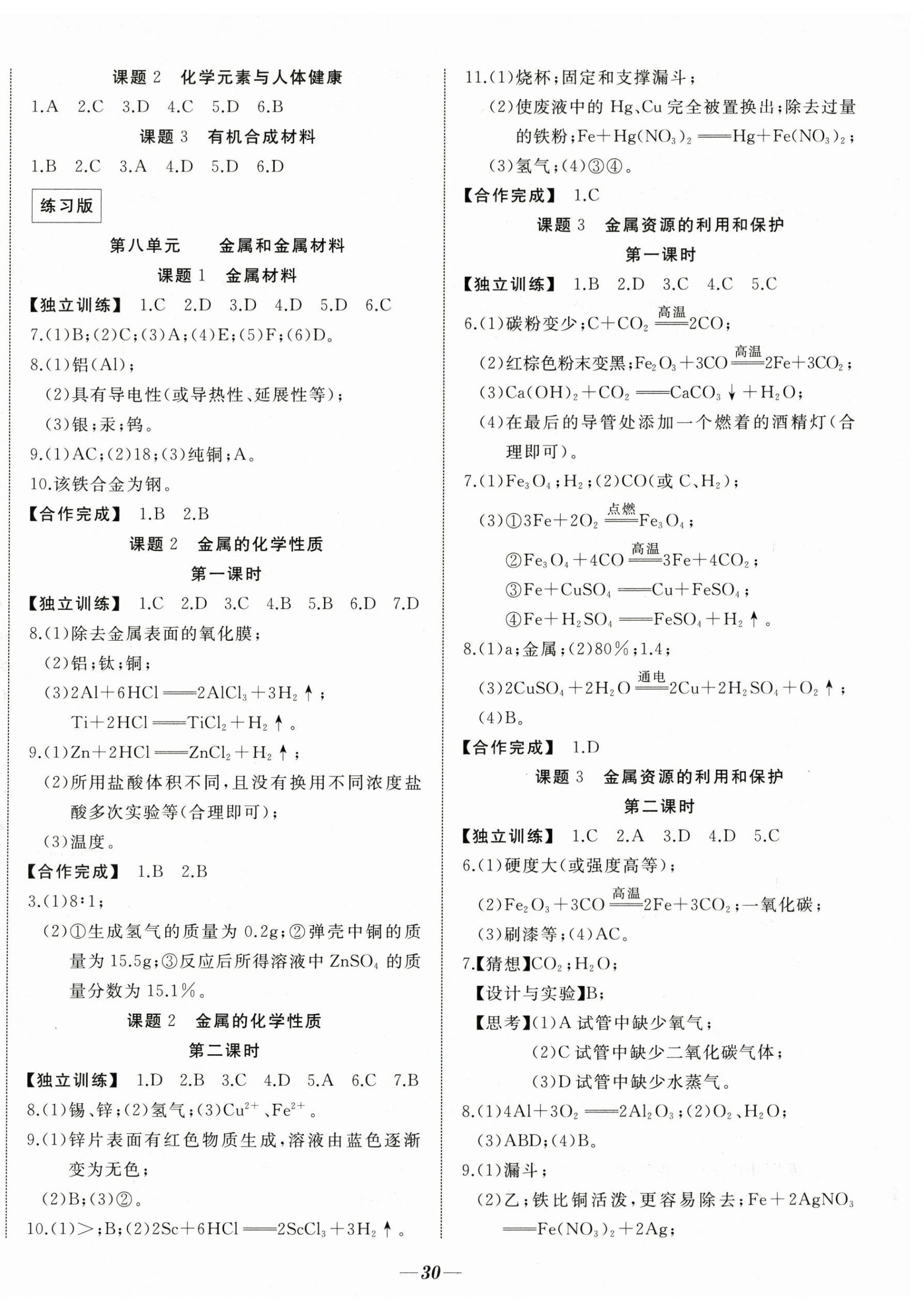 2024年名校一號(hào)夢(mèng)啟課堂九年級(jí)化學(xué)下冊(cè)人教版 參考答案第2頁(yè)