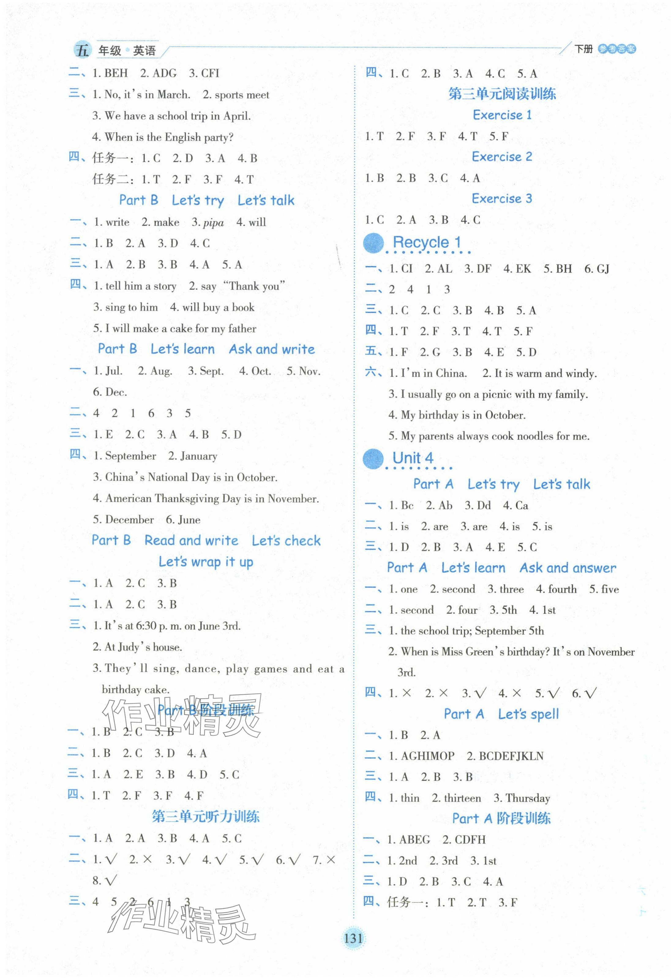 2024年優(yōu)秀生作業(yè)本五年級(jí)英語(yǔ)下冊(cè)人教版 參考答案第3頁(yè)