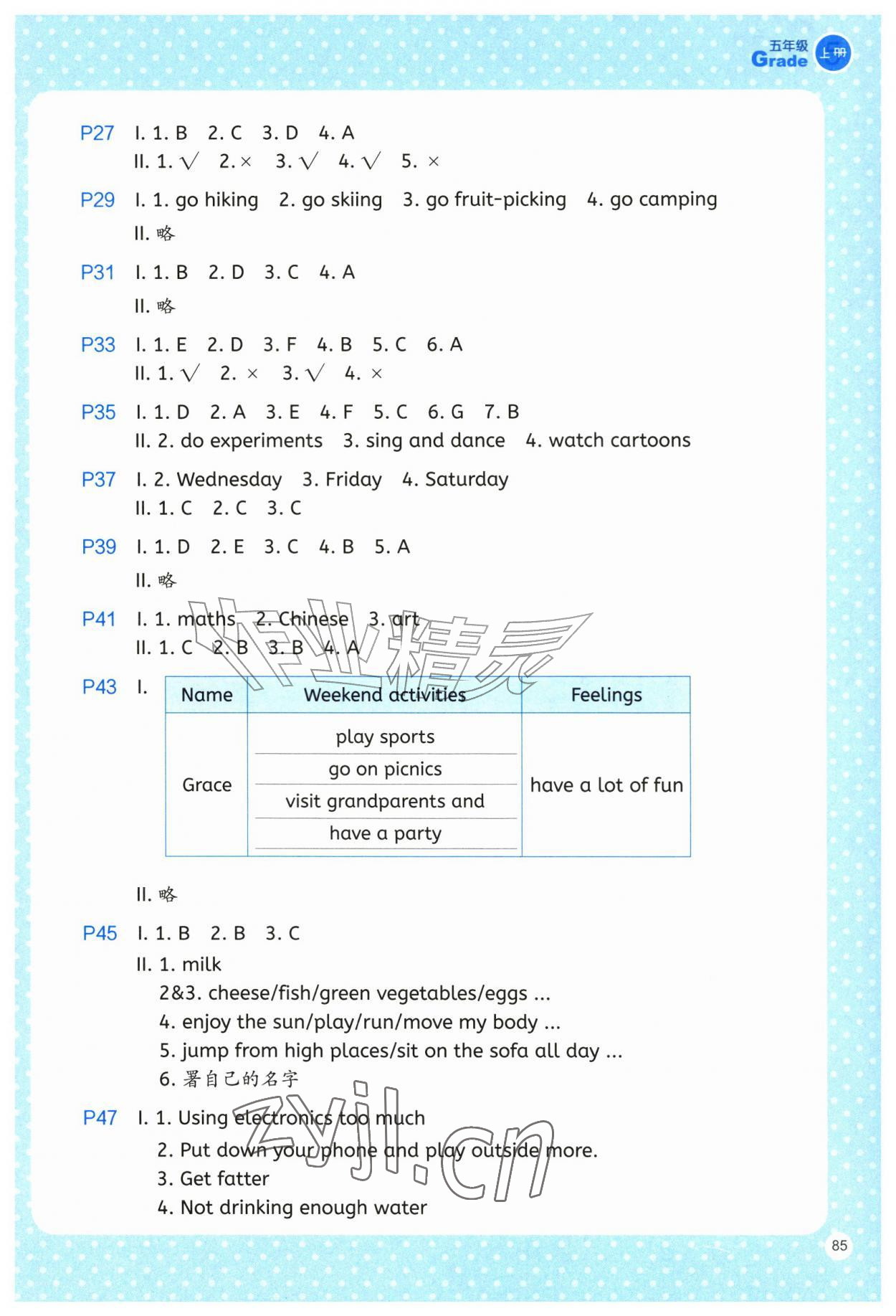 2026年同步阅读浙江教育出版社五年级英语上册人教版&nbsp;参考答案第2页